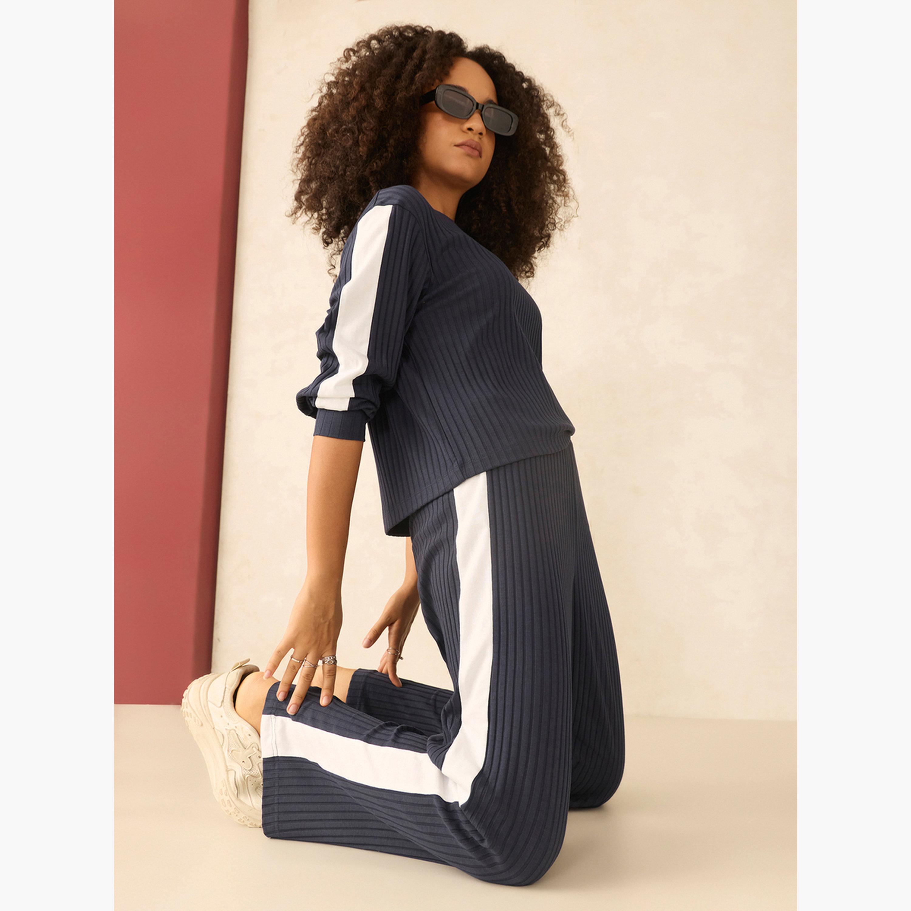 أوتزيدر × ستايلي - بلوزة مضلعة بلوحة متباينة باللون الأزرق البحري وبنطال مستقيم-women-clothing-coordsets-image-5