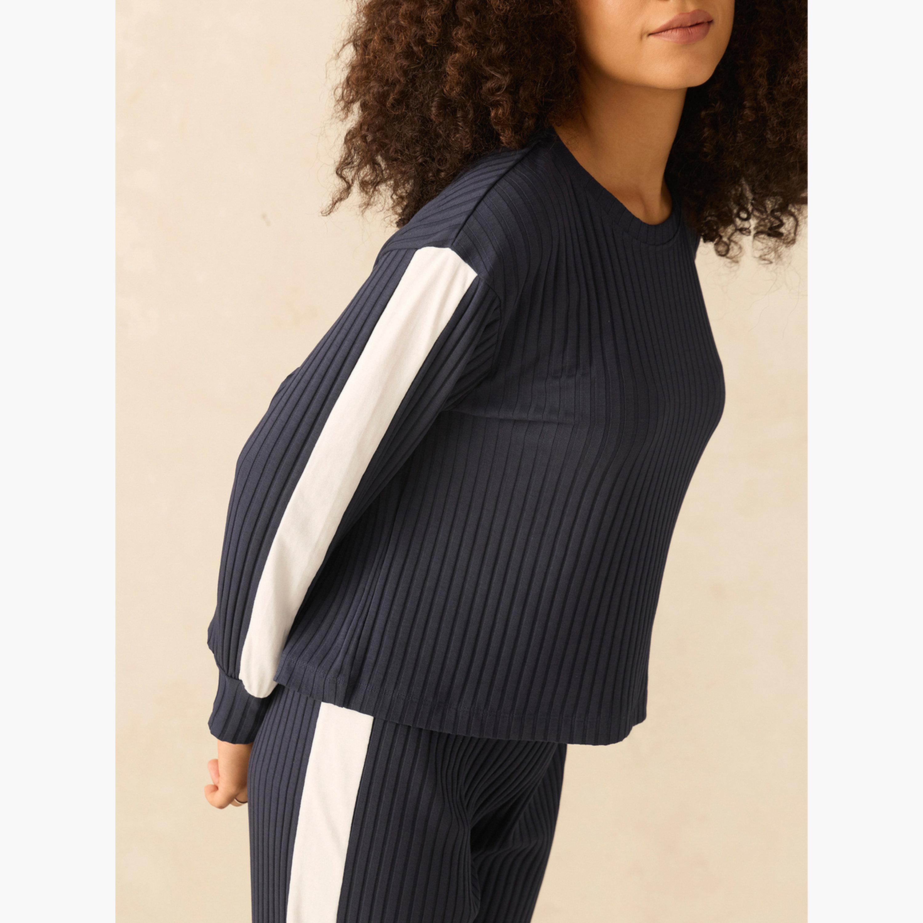 أوتزيدر × ستايلي - بلوزة مضلعة بلوحة متباينة باللون الأزرق البحري وبنطال مستقيم-women-clothing-coordsets-image-6