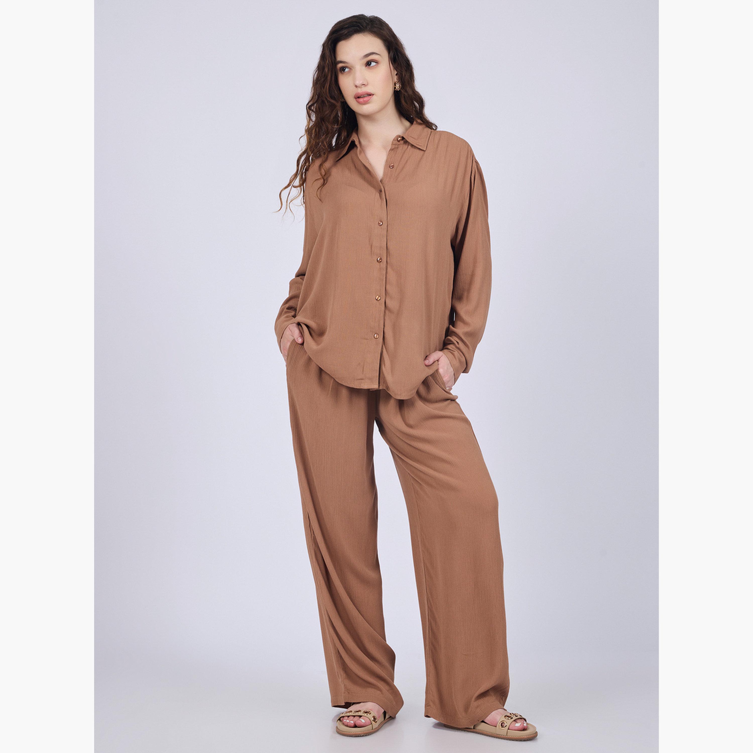أوتزيدر × ستايلي - قميص وبنطال مريحان باللون البني-women-clothing-coordsets-image-1