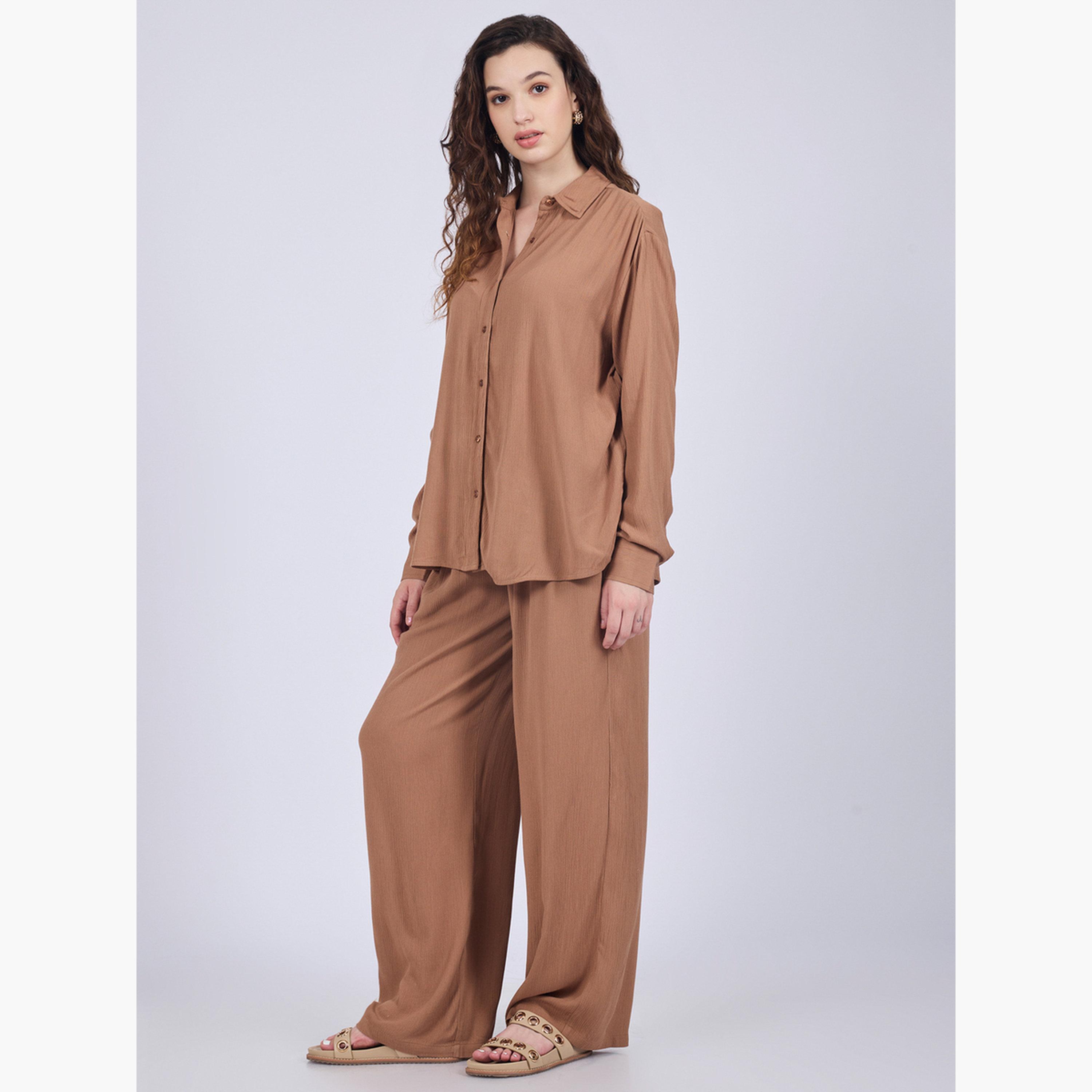 أوتزيدر × ستايلي - قميص وبنطال مريحان باللون البني-women-clothing-coordsets-image-2