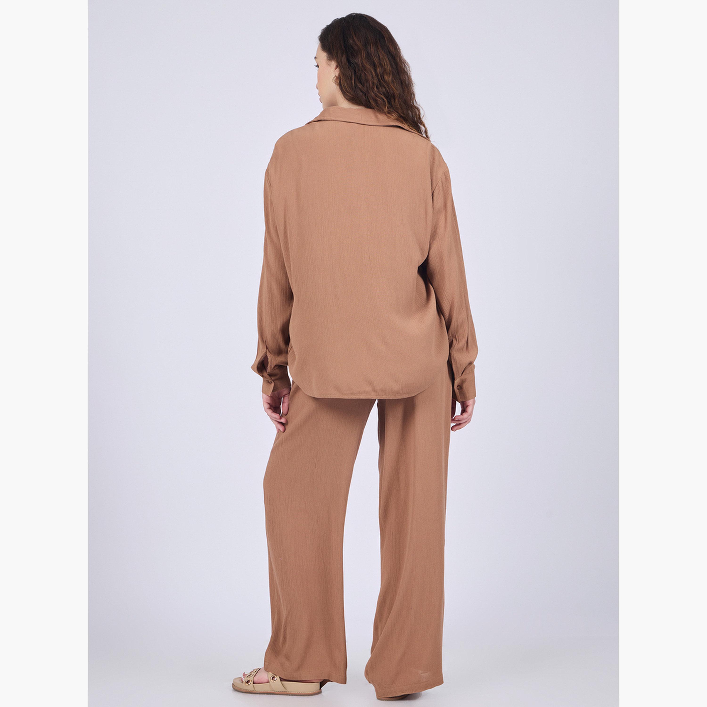 أوتزيدر × ستايلي - قميص وبنطال مريحان باللون البني-women-clothing-coordsets-image-3