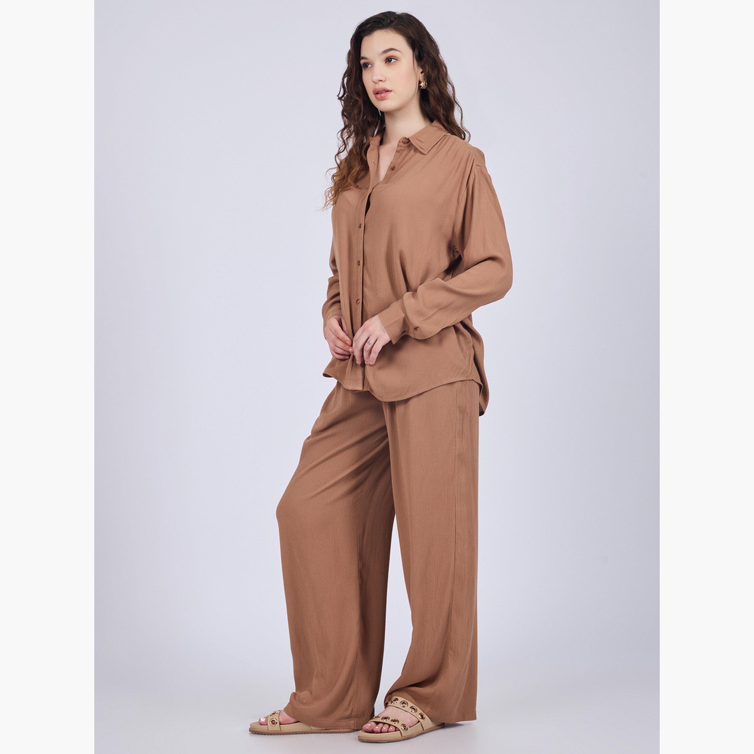 أوتزيدر × ستايلي - قميص وبنطال مريحان باللون البني-women-clothing-coordsets-image-4