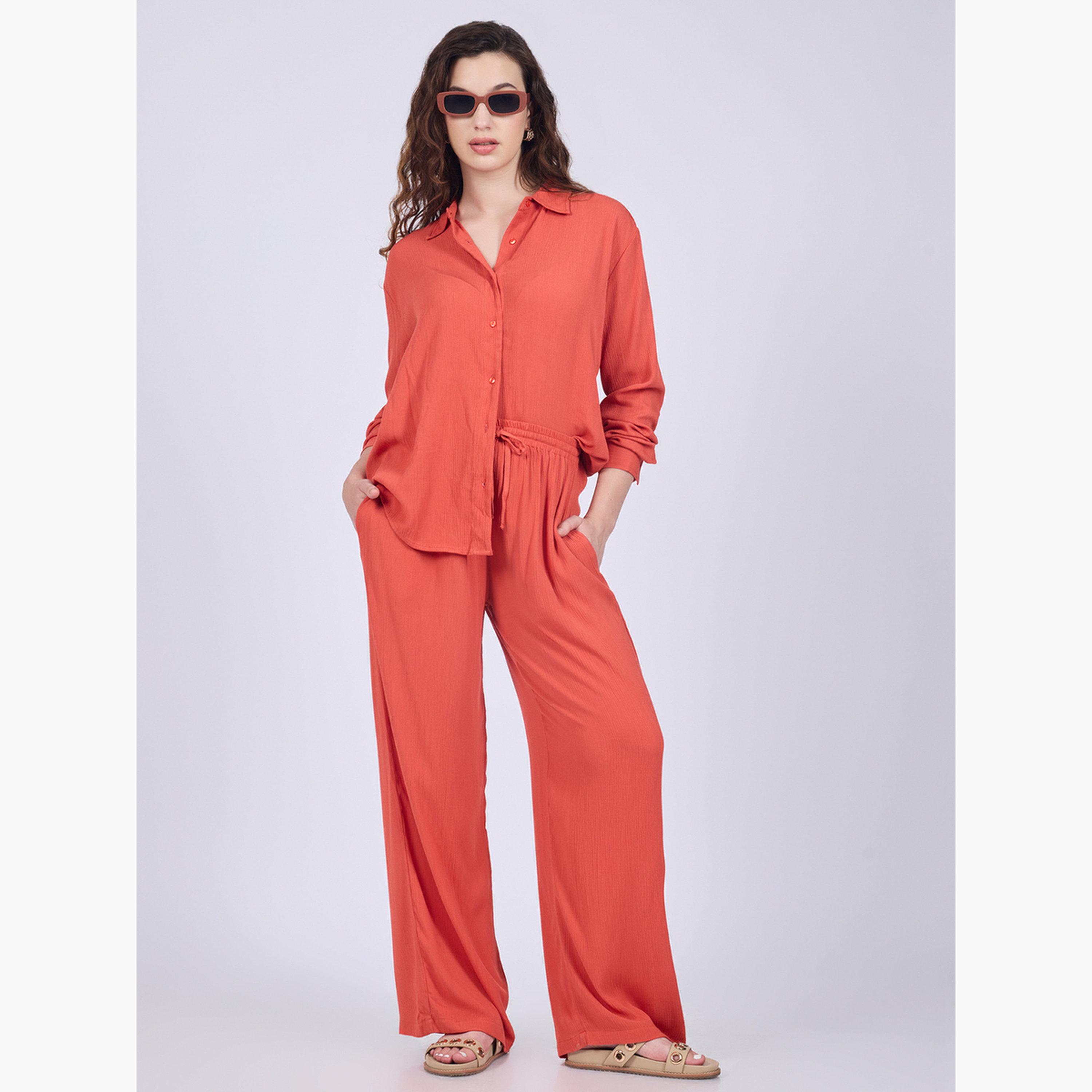 أوتزيدر × ستايلي - قميص وبنطال لون برتقالي-women-clothing-coordsets-image-1