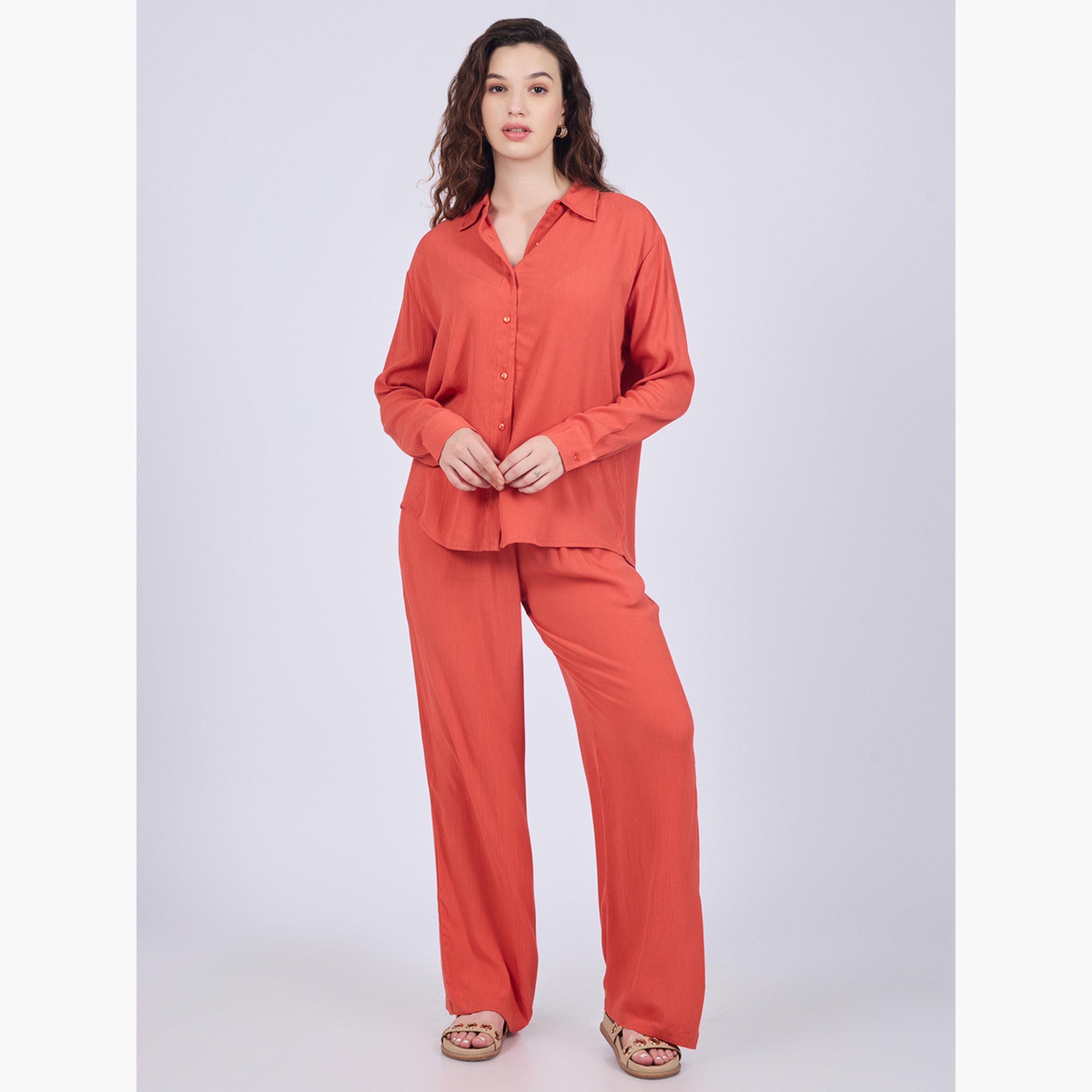 أوتزيدر × ستايلي - قميص وبنطال لون برتقالي-women-clothing-coordsets-image-2