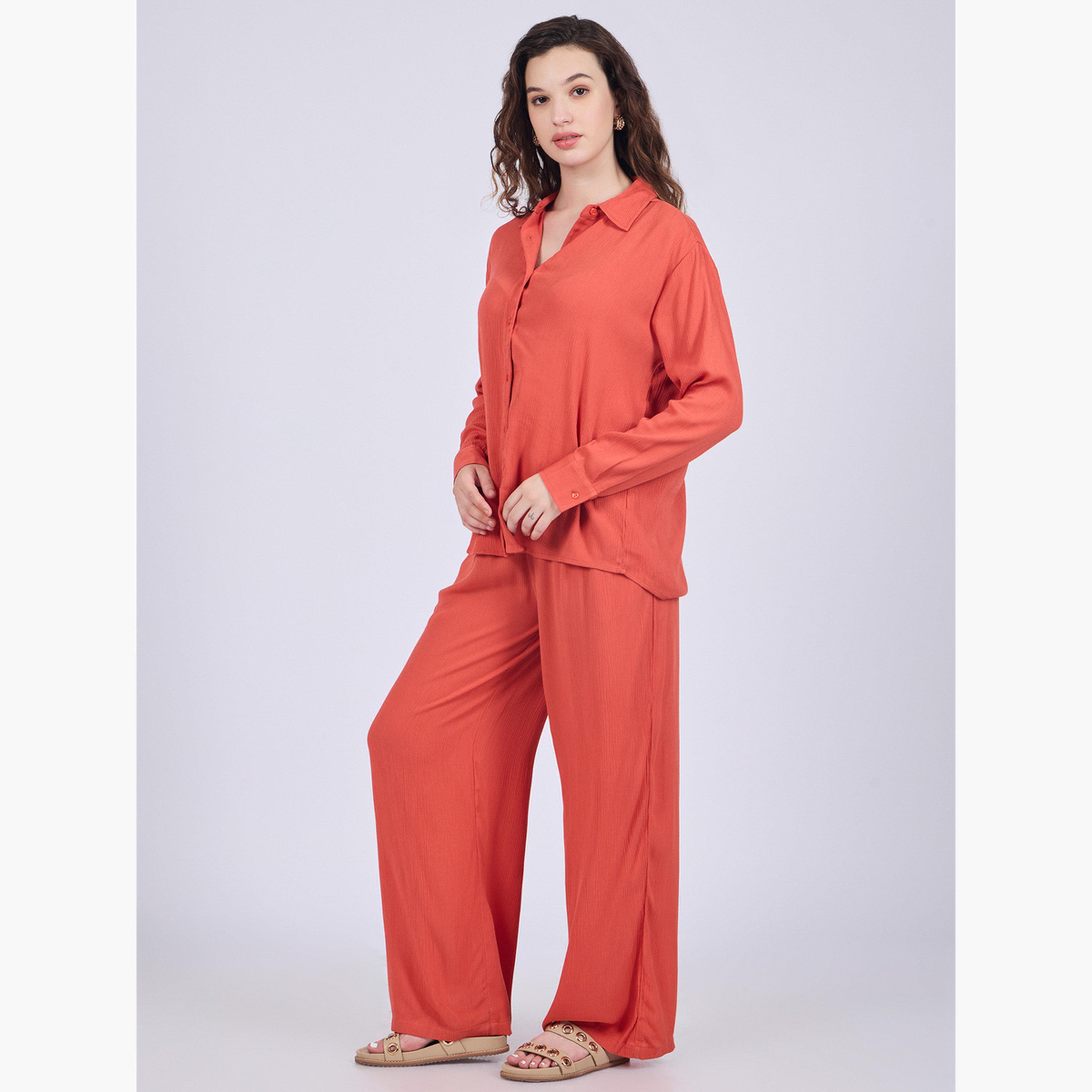 أوتزيدر × ستايلي - قميص وبنطال لون برتقالي-women-clothing-coordsets-image-4