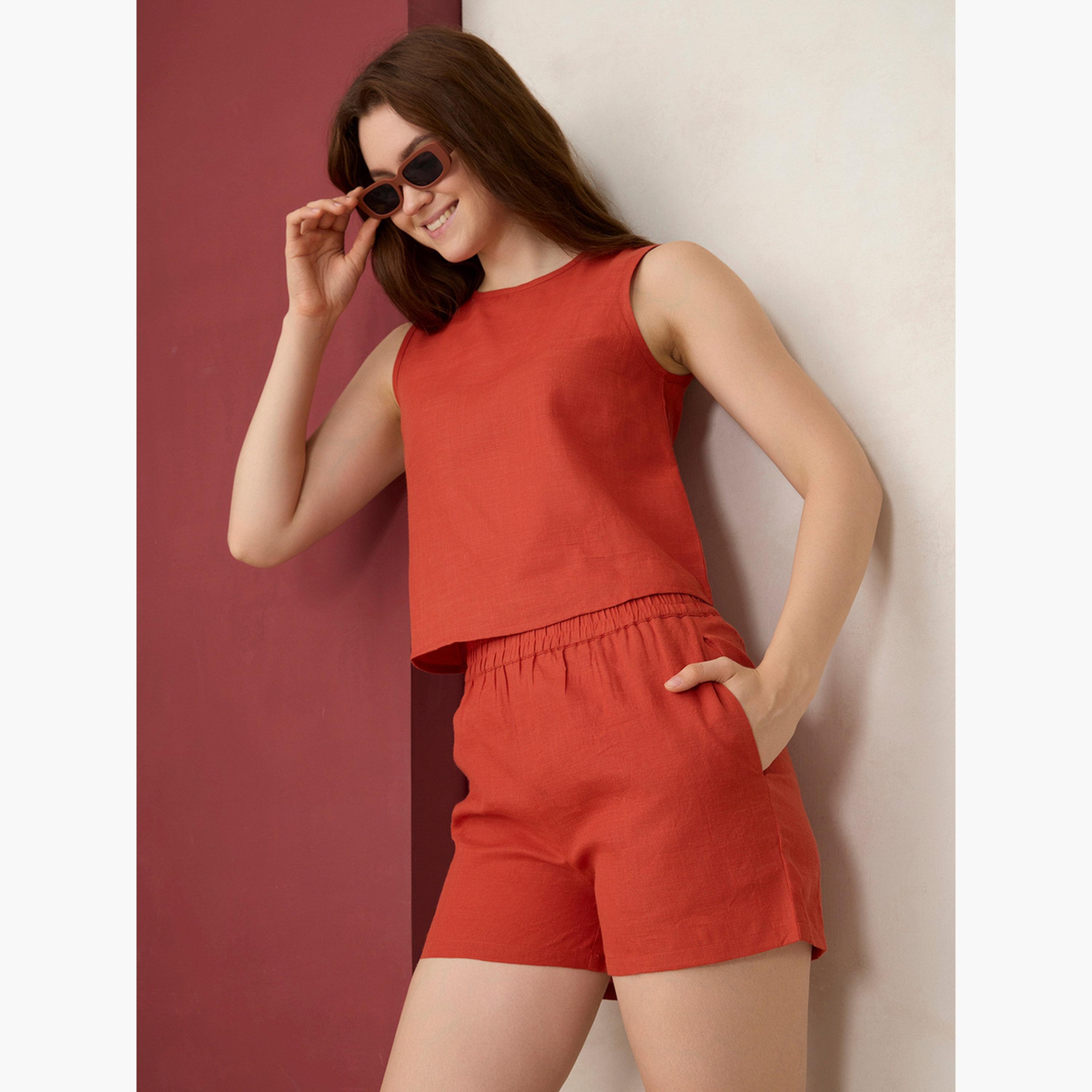 أوتزيدر × ستايلي - بلوزة بدون أكمام وشورت لون برتقالي-women-clothing-coordsets-image-2