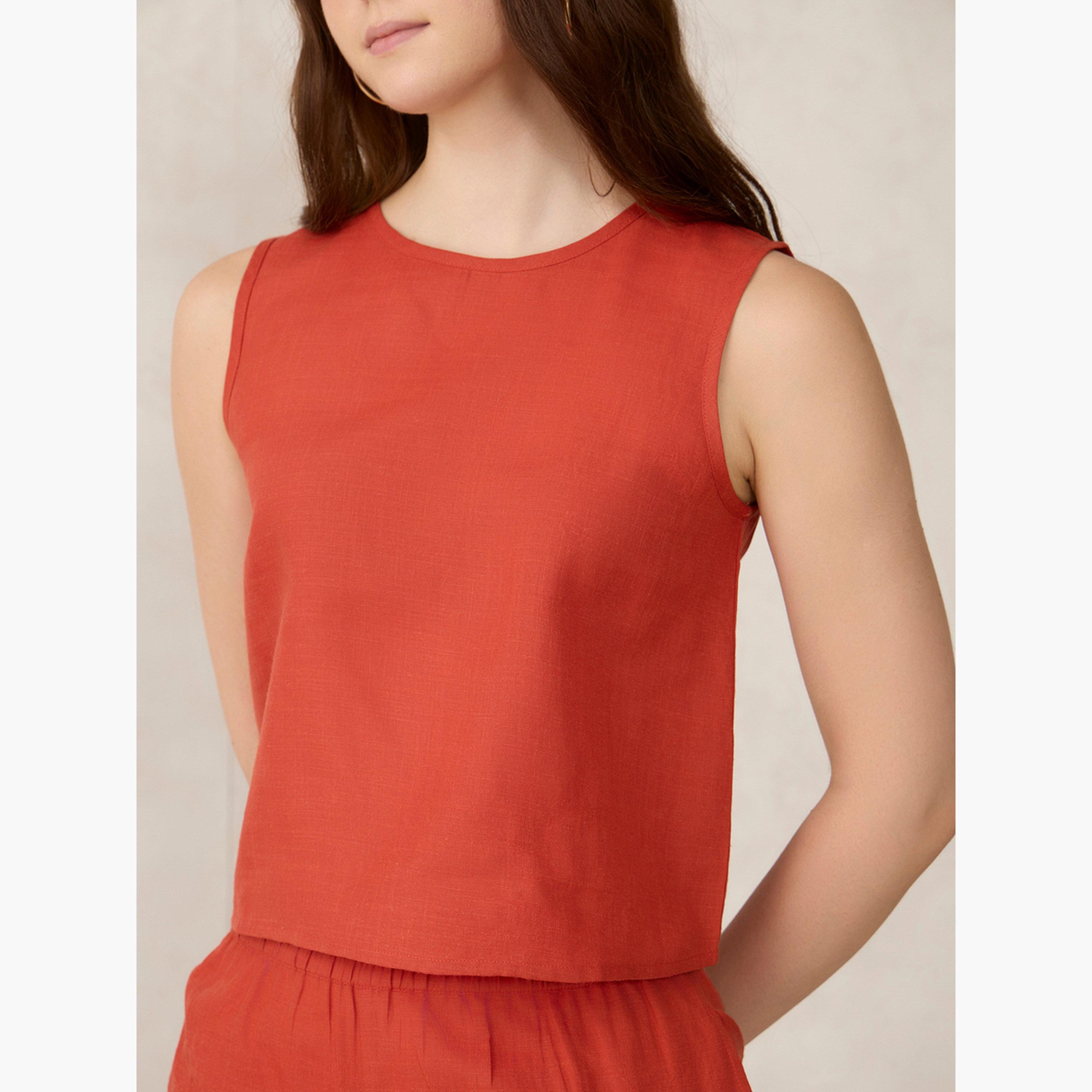 أوتزيدر × ستايلي - بلوزة بدون أكمام وشورت لون برتقالي-women-clothing-coordsets-image-6