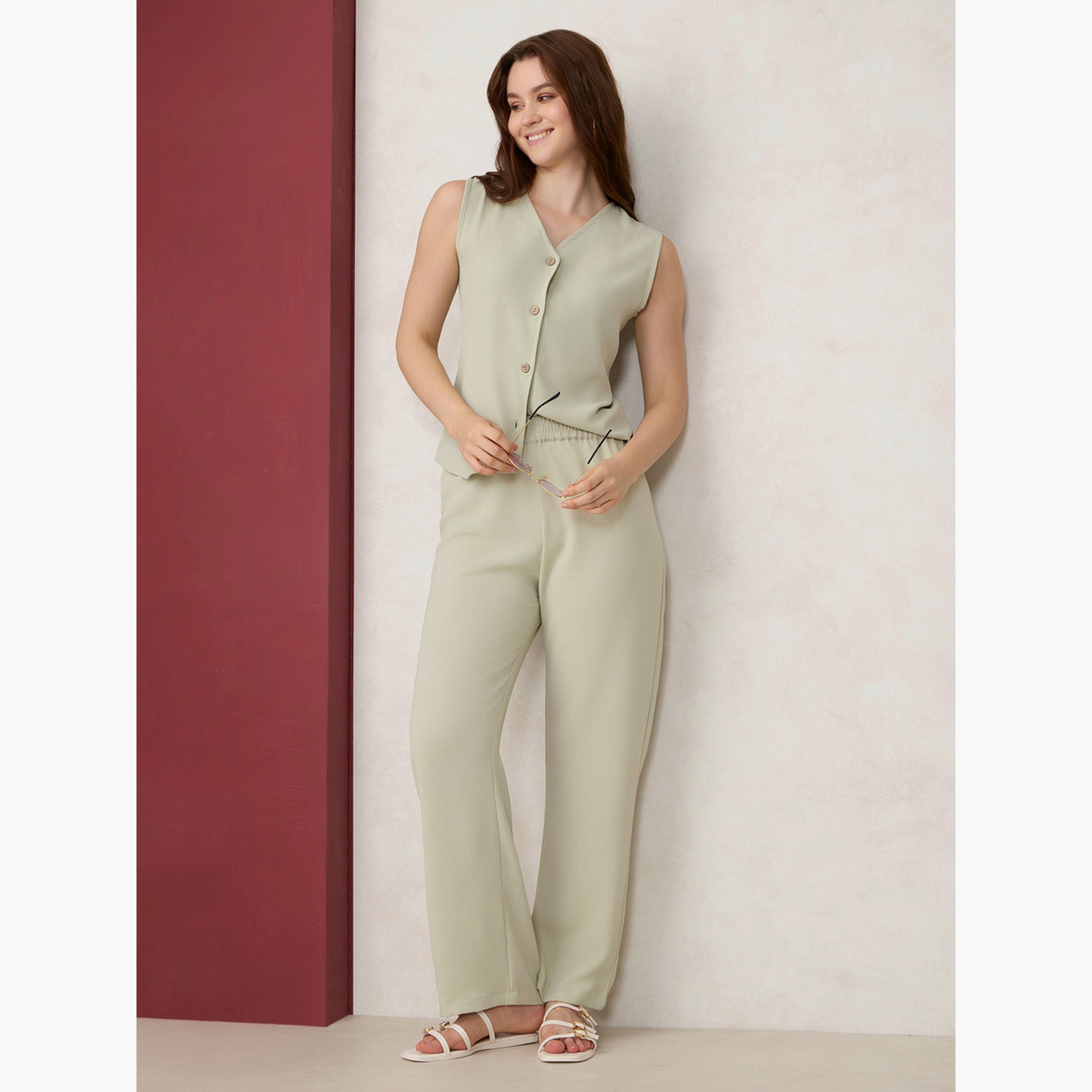 أوتزيدر × ستايلي - طقم صديري وبنطال أخضر سادة-women-clothing-coordsets-image-1