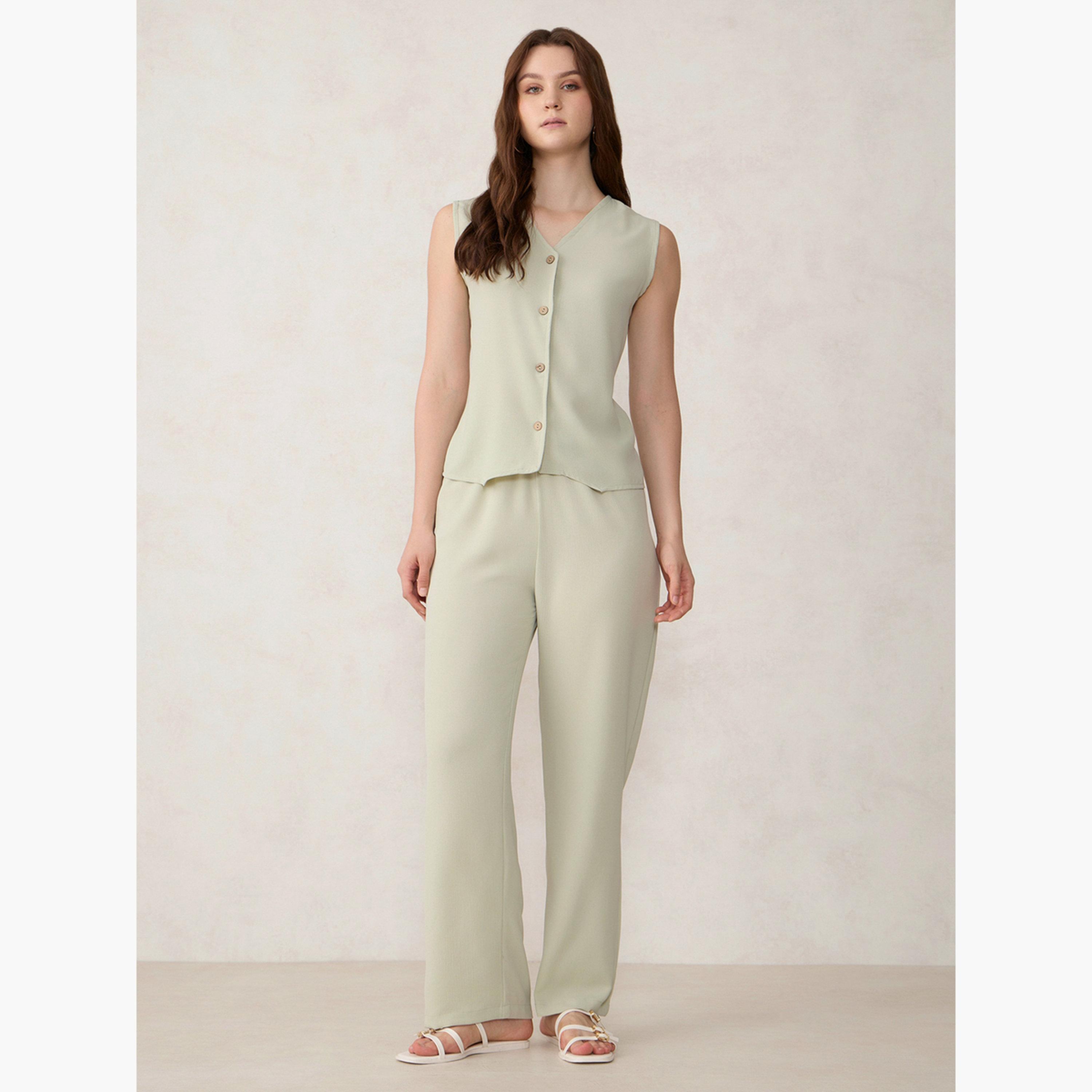 أوتزيدر × ستايلي - طقم صديري وبنطال أخضر سادة-women-clothing-coordsets-image-2