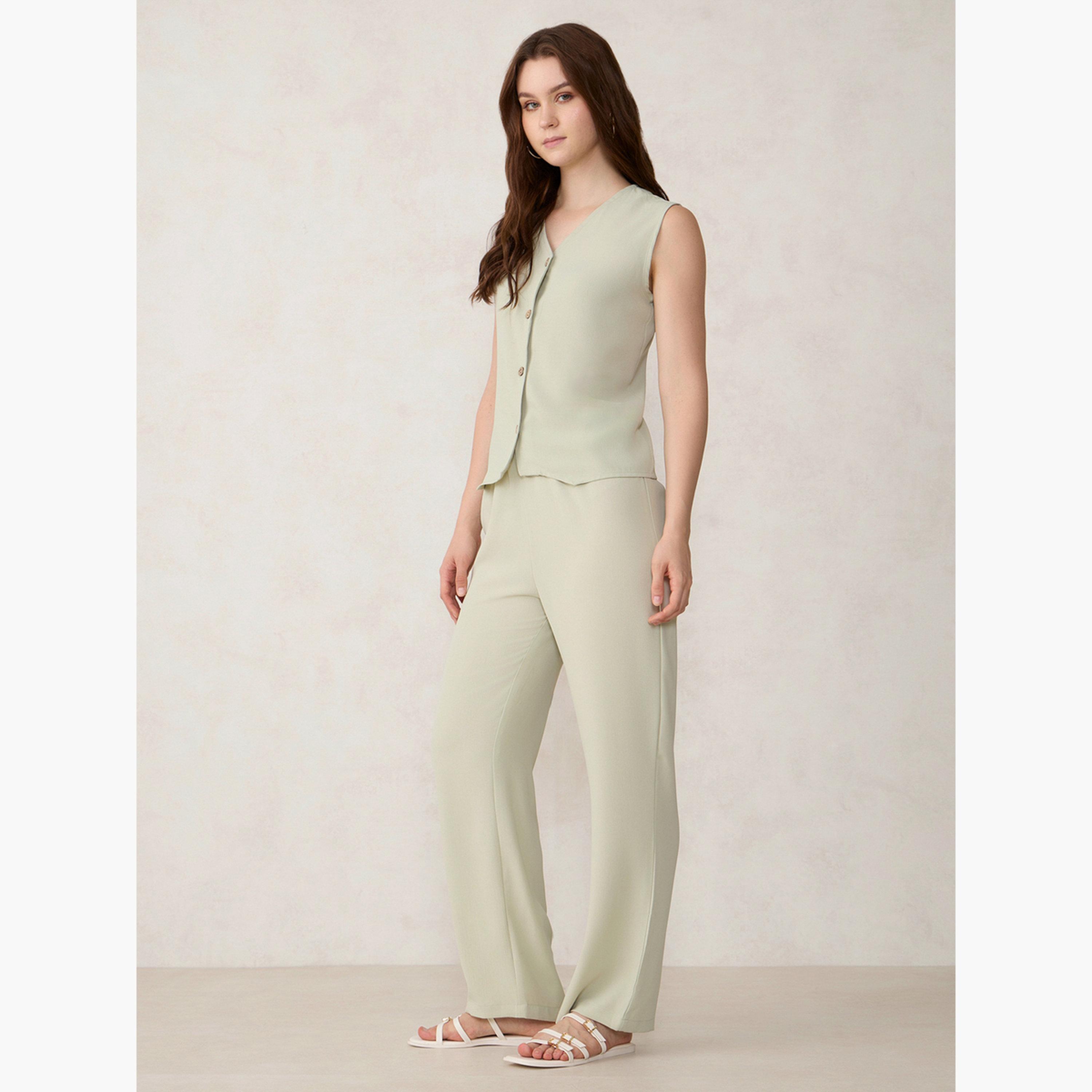 أوتزيدر × ستايلي - طقم صديري وبنطال أخضر سادة-women-clothing-coordsets-image-4