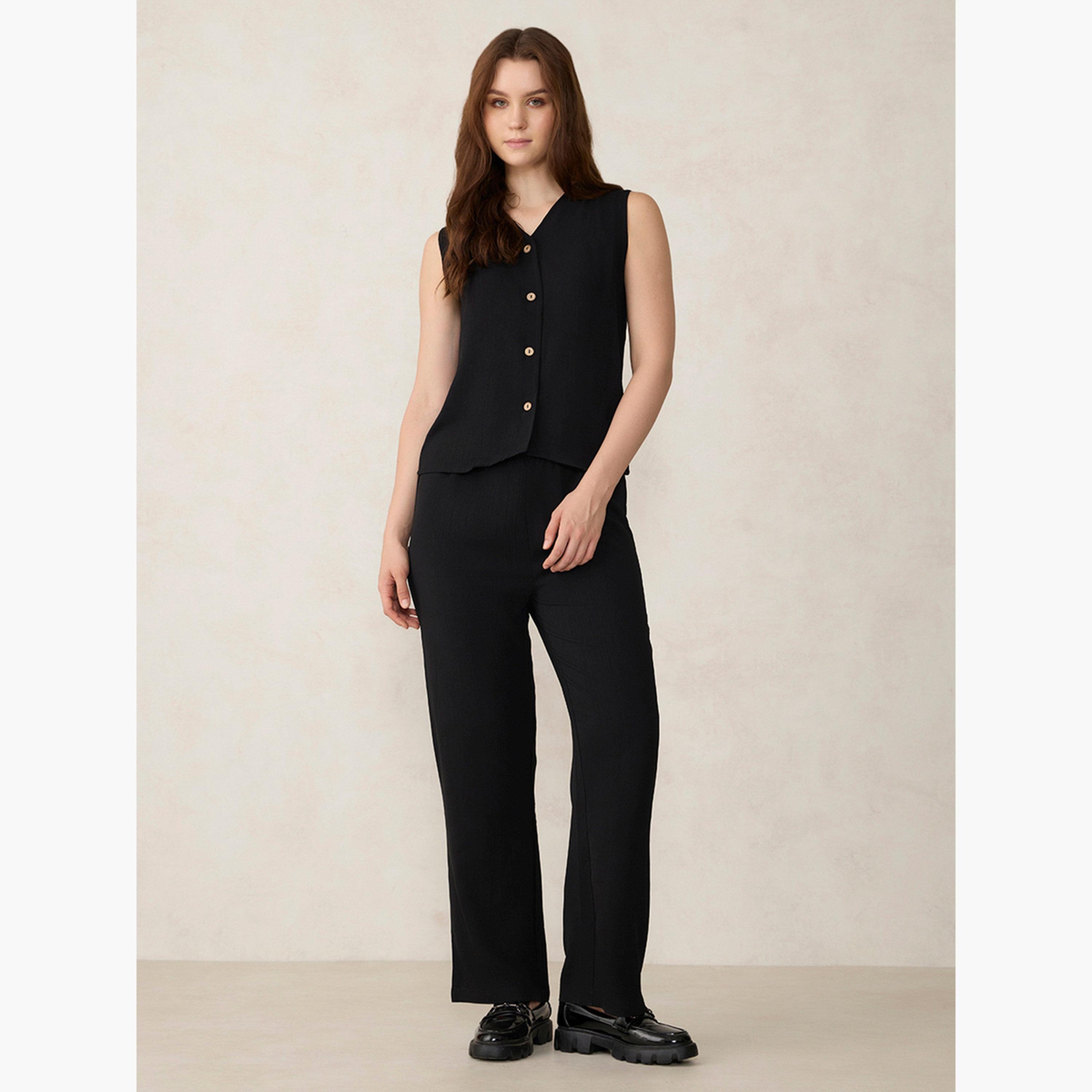 Outzidr X Styli Black Solid Waistcoat and Trousers Co-Ords-women-clothing-coordsets-image-1