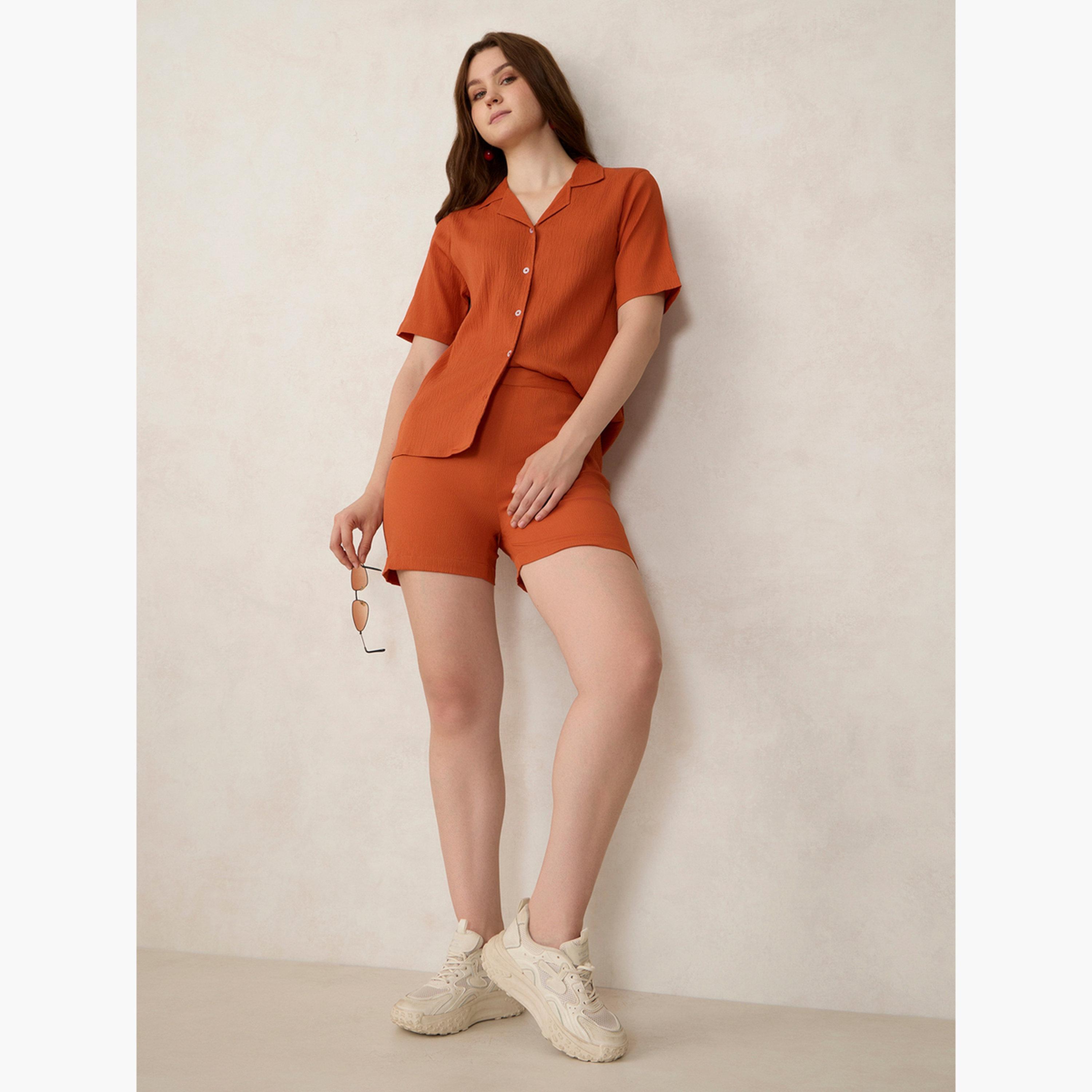 أوتزيدر × ستايلي - قميص برتقالي منسوج وشورت-women-clothing-coordsets-image-2