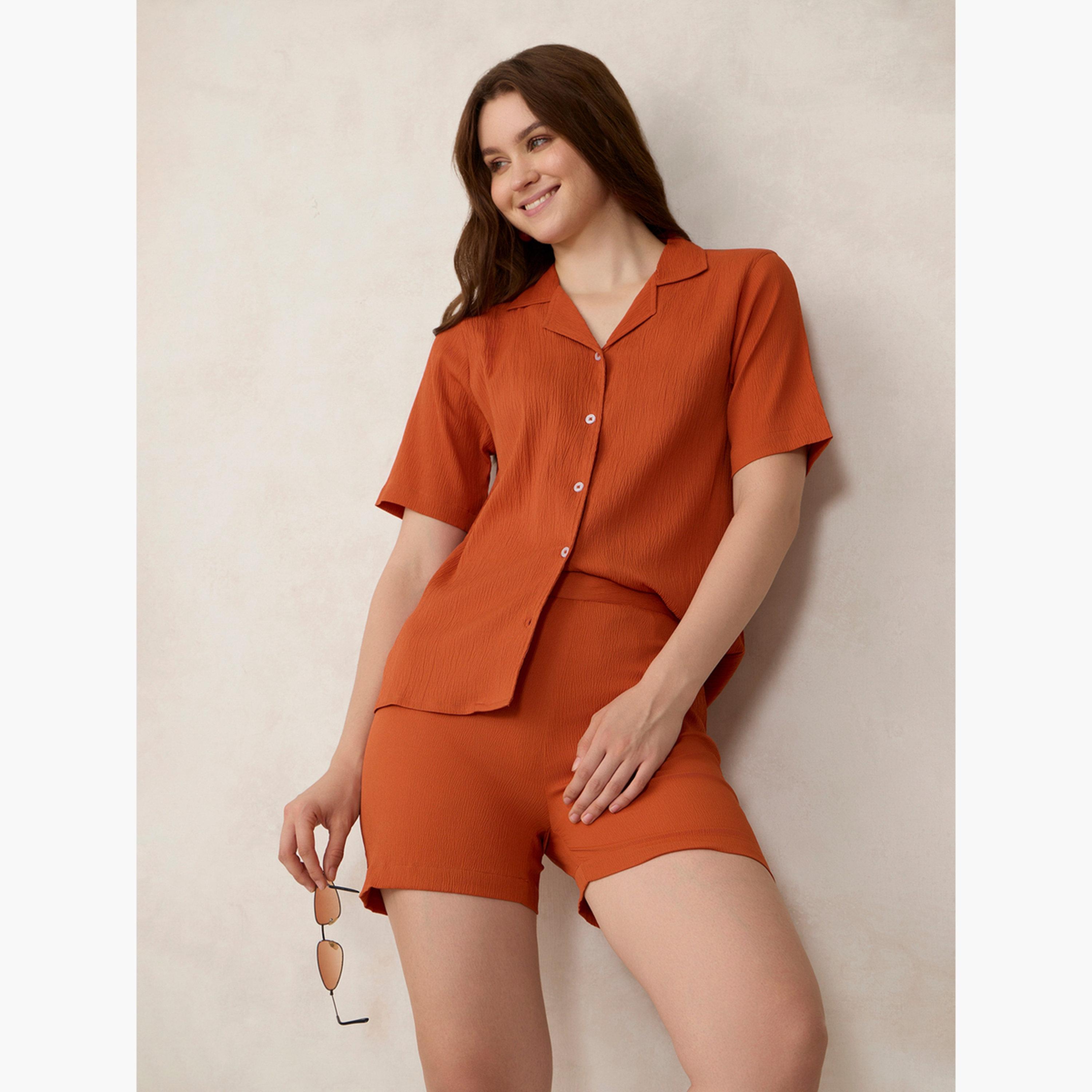أوتزيدر × ستايلي - قميص برتقالي منسوج وشورت-women-clothing-coordsets-image-5