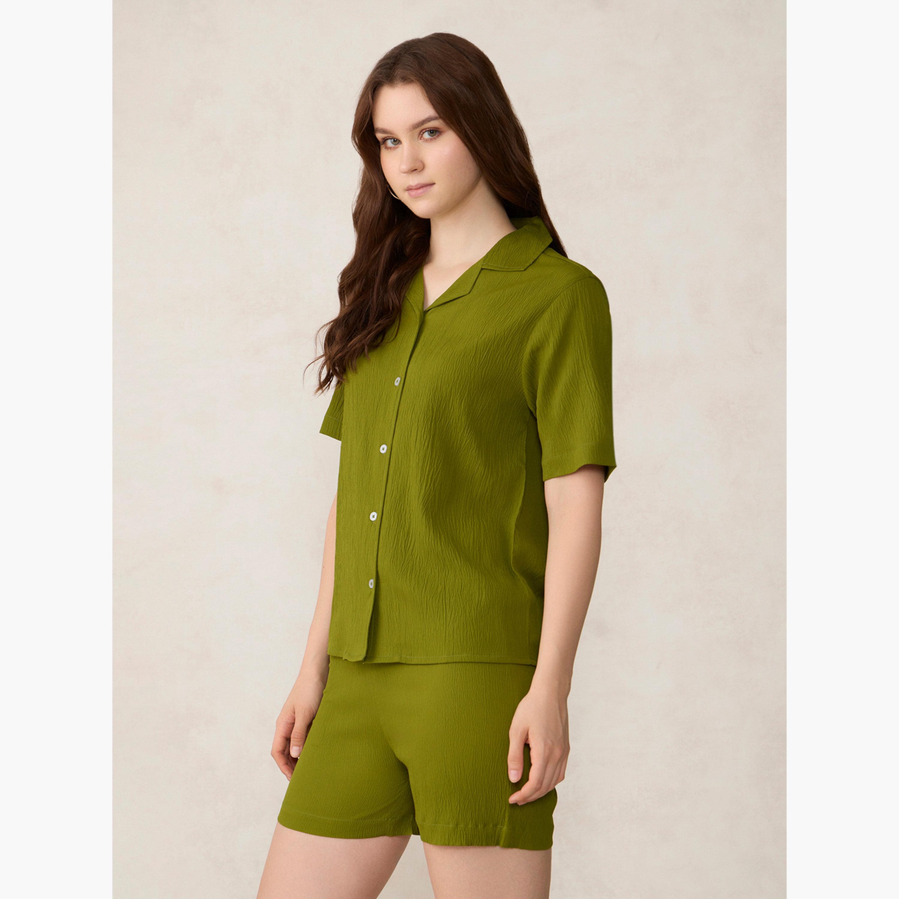 أوتزيدر × ستايلي - قميص منسوج أخضر مع شورت منسق-women-clothing-coordsets-image-1