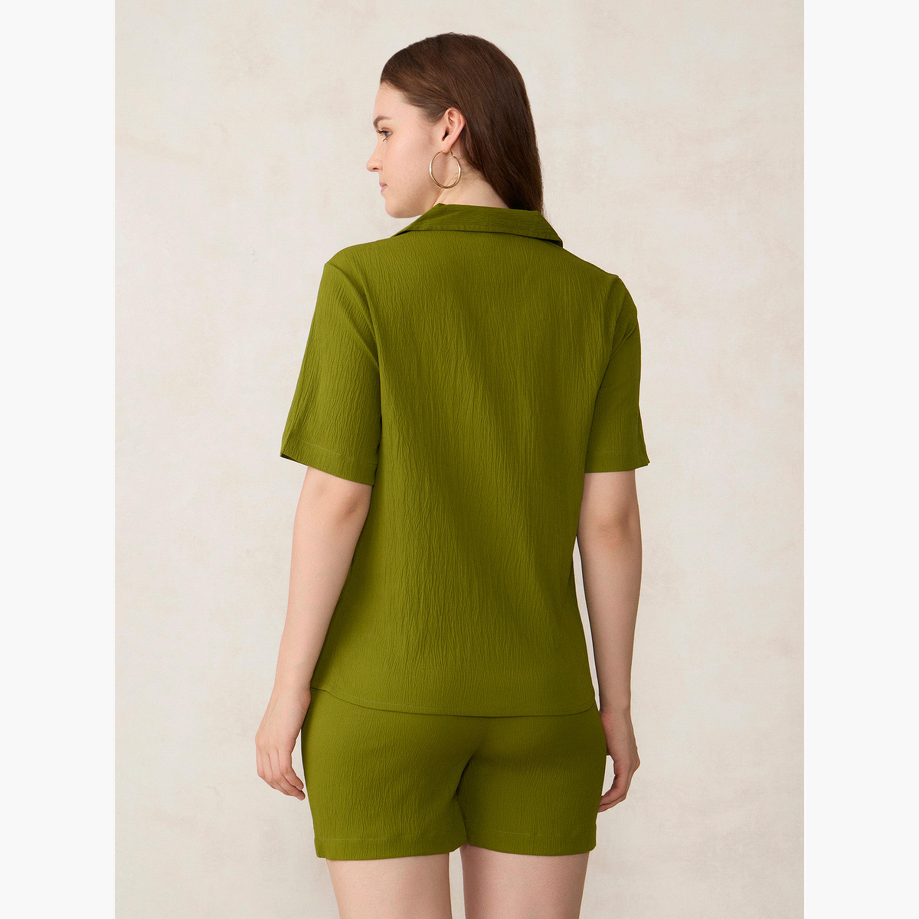 أوتزيدر × ستايلي - قميص منسوج أخضر مع شورت منسق-women-clothing-coordsets-image-3