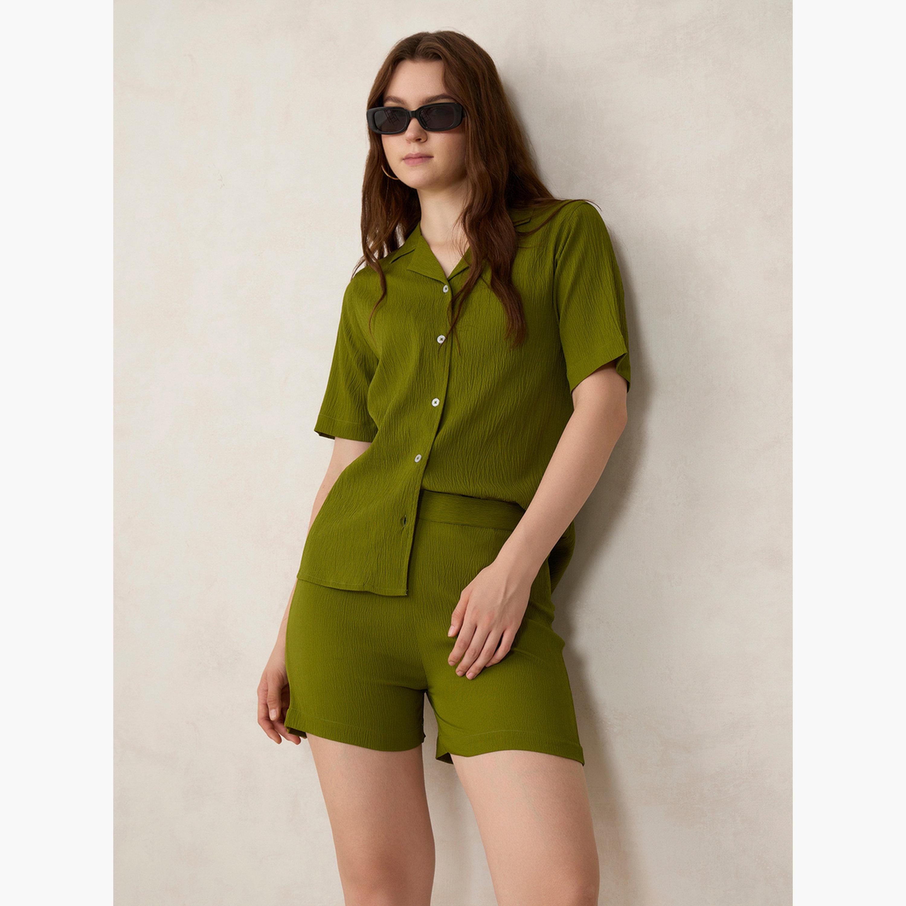 أوتزيدر × ستايلي - قميص منسوج أخضر مع شورت منسق-women-clothing-coordsets-image-4