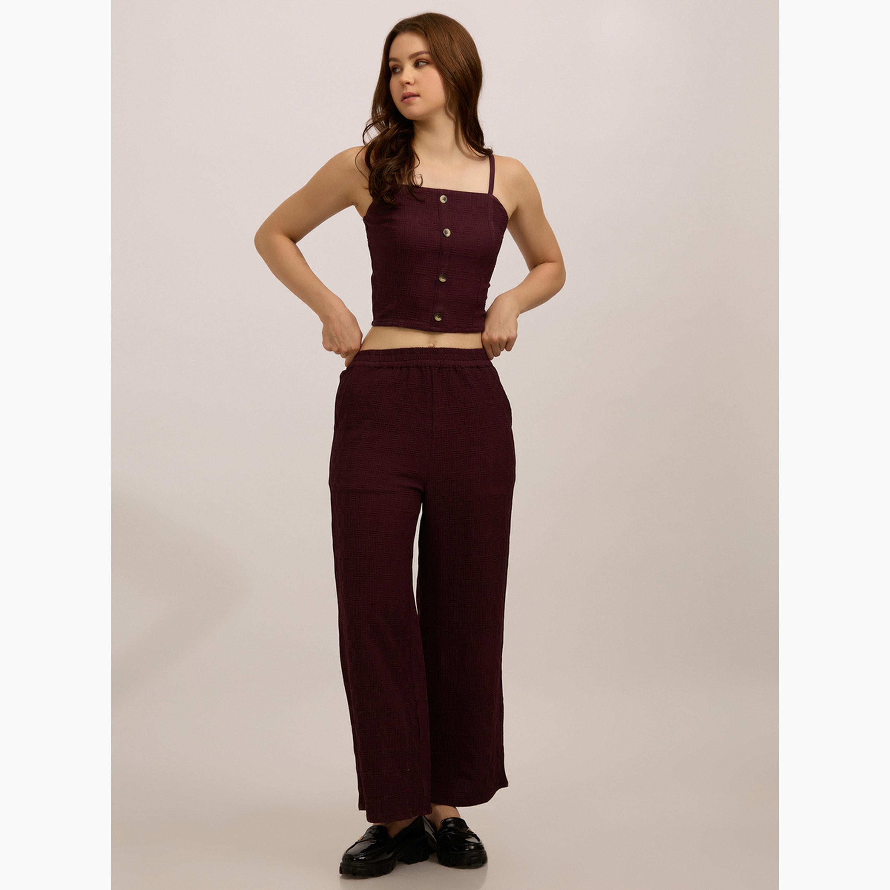 أوتزيدر × ستايلي - طقم من بلوزة قصيرة وبنطال بلون برغندي سادة-women-clothing-coordsets-image-1