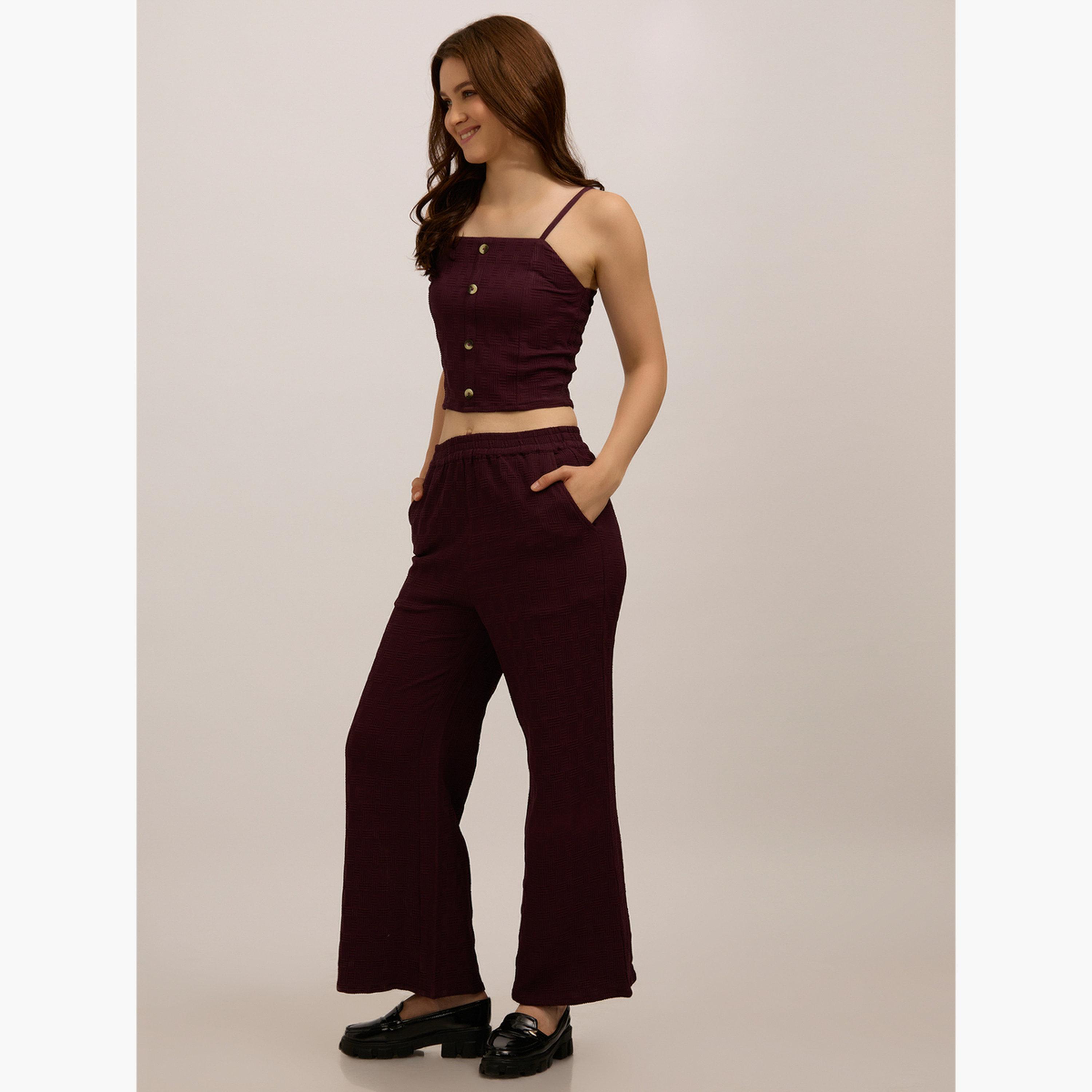 أوتزيدر × ستايلي - طقم من بلوزة قصيرة وبنطال بلون برغندي سادة-women-clothing-coordsets-image-3