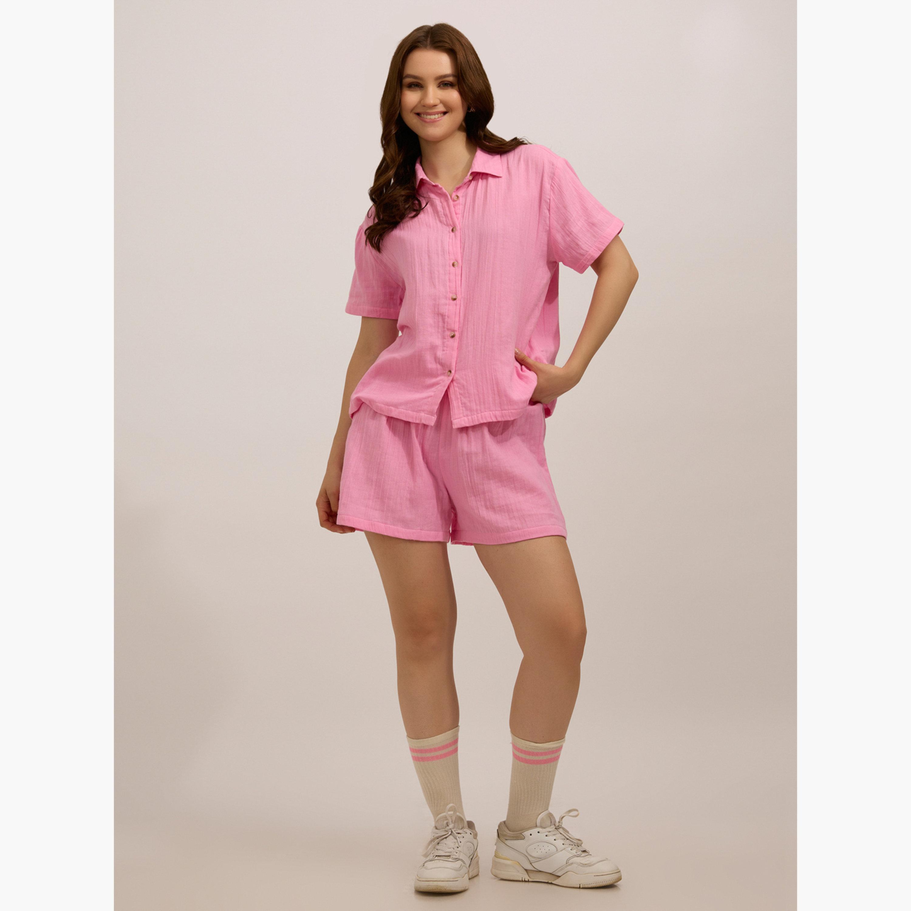 Outzidr X Styli Pink Relaxed Fit Shirt and Shorts Co-Ords-women-clothing-coordsets-image-2