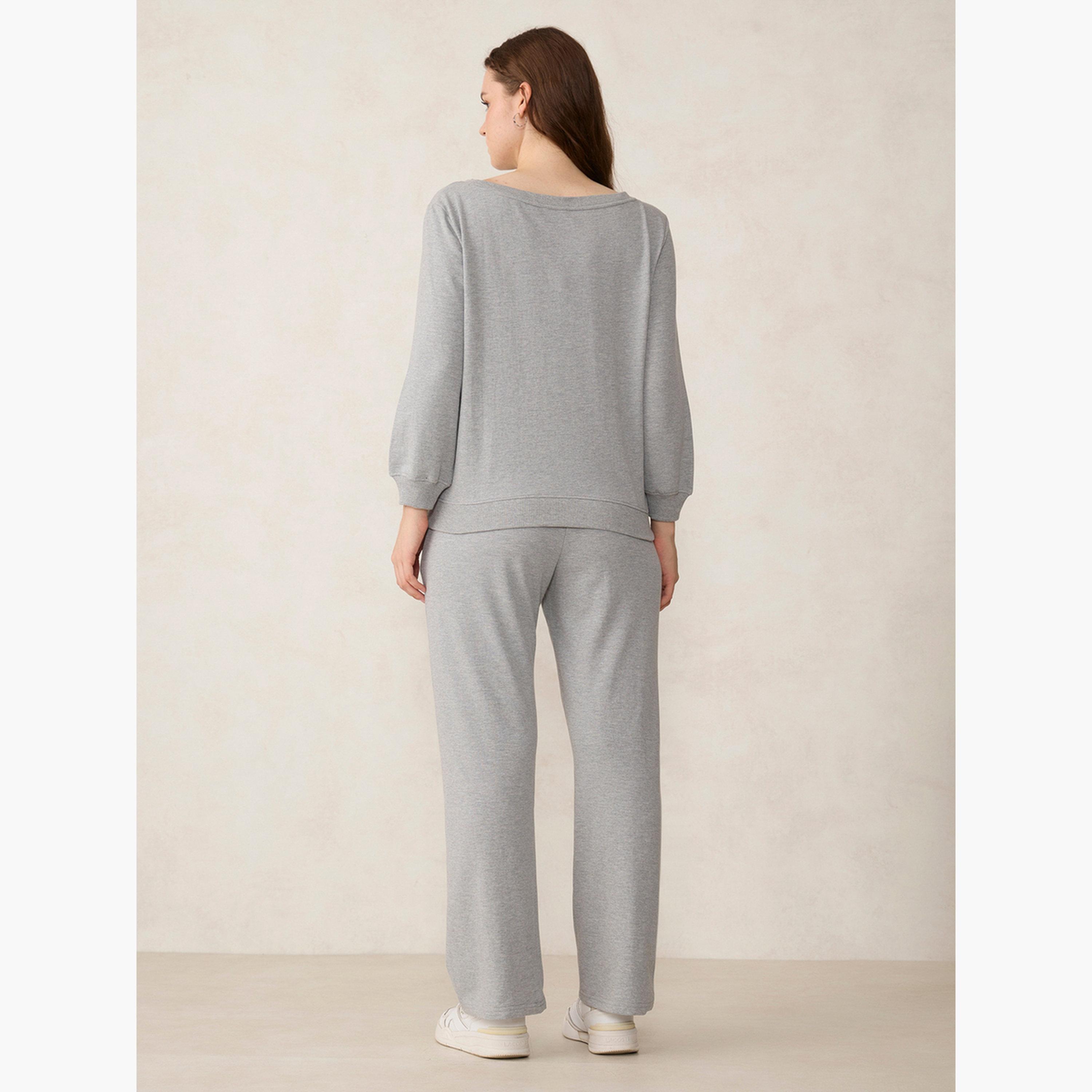 أوتزيدر × ستايلي - سويتشرت برقبة واسع وبنطال رياضة رمادي-women-clothing-coordsets-image-3