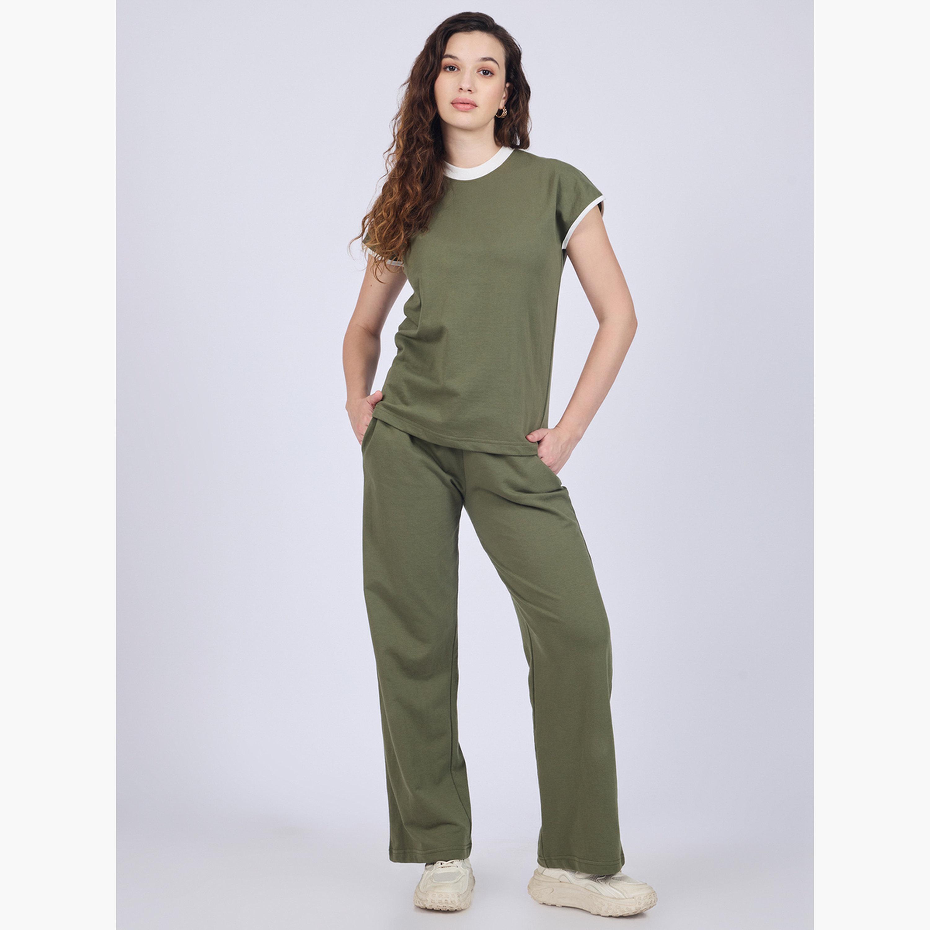 Outzidr X Styli Olive Contrast Tiping T-Shirt and Joggers Co-ords-women-clothing-coordsets-image-2