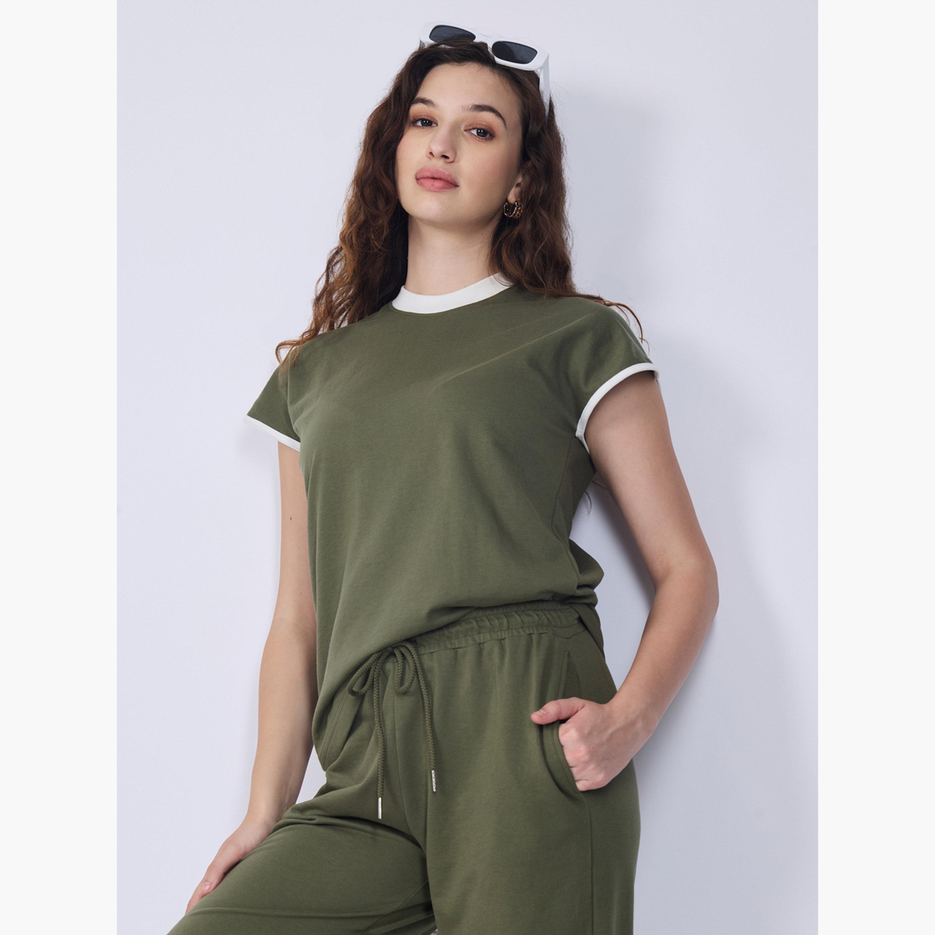 Outzidr X Styli Olive Contrast Tiping T-Shirt and Joggers Co-ords-women-clothing-coordsets-image-4