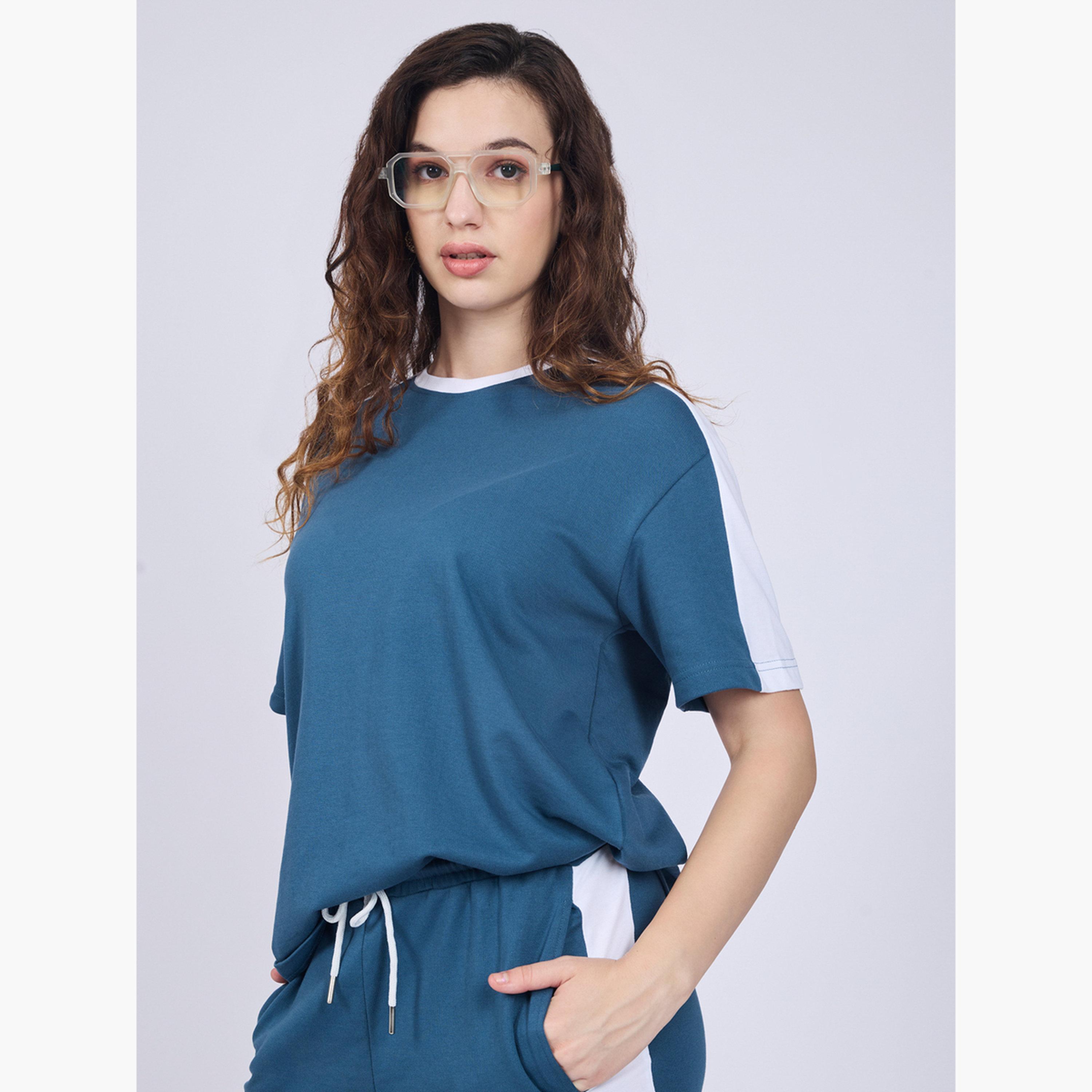 Outzidr X Styli Blue Side Stripe T-Shirt and Joggers Co-Ords-women-clothing-coordsets-image-3