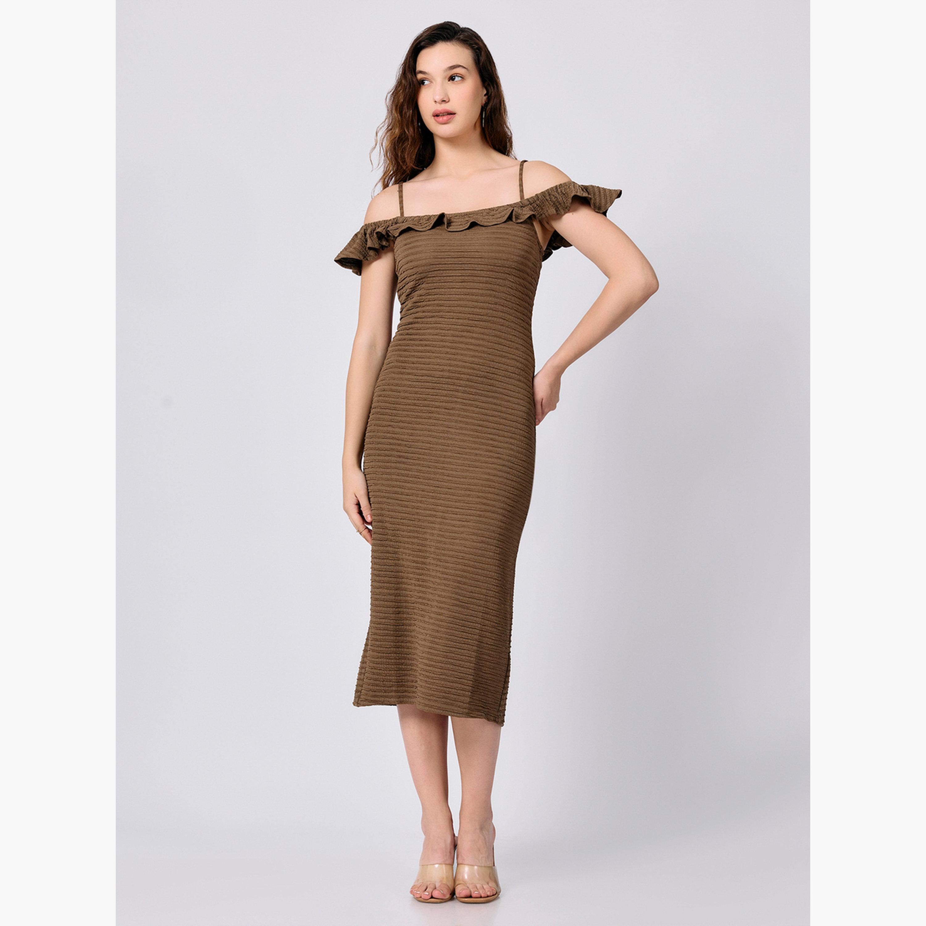 Outzidr X Styli Olive Midi Textured Dress with Ruffle Detail-women-clothing-dresses-image-1