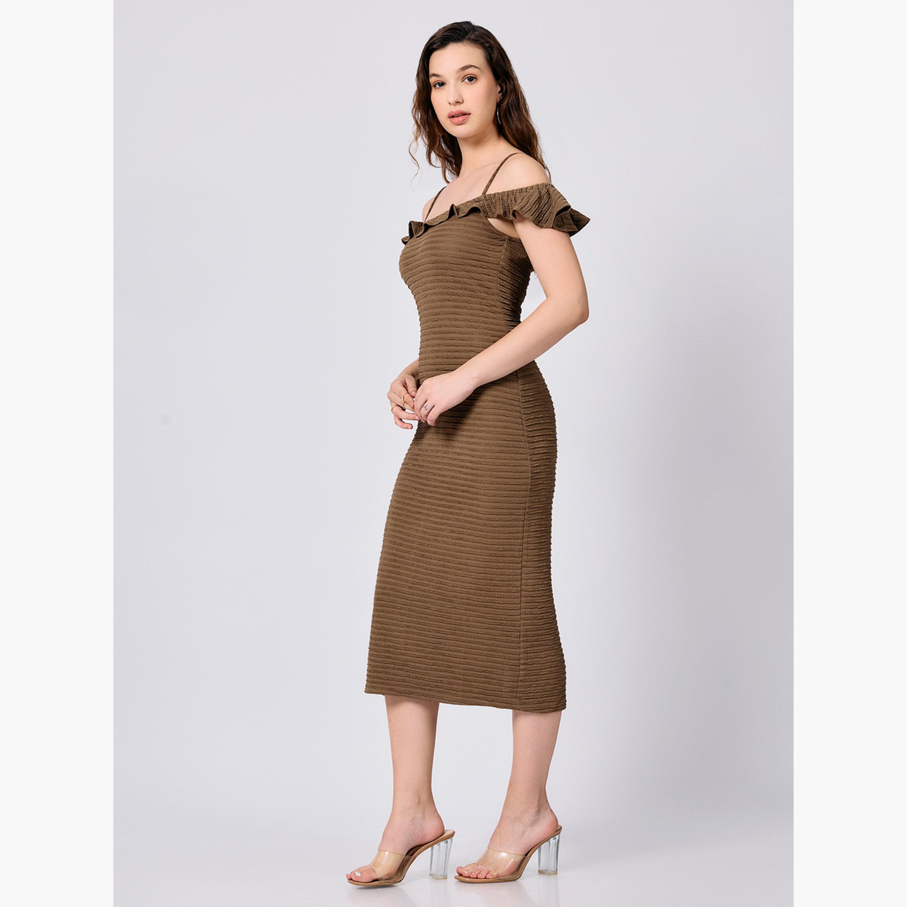 Outzidr X Styli Olive Midi Textured Dress with Ruffle Detail-women-clothing-dresses-image-2