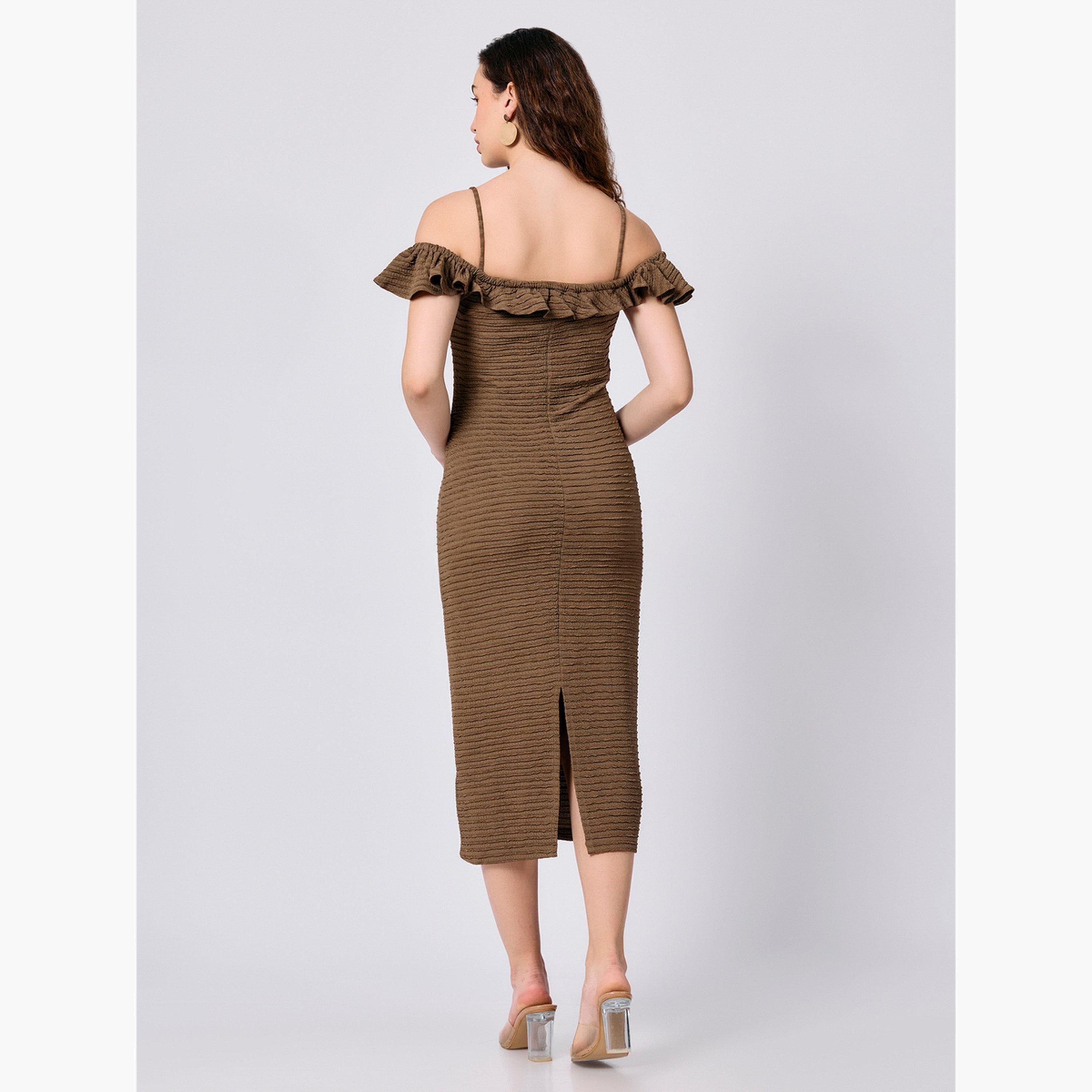 Outzidr X Styli Olive Midi Textured Dress with Ruffle Detail-women-clothing-dresses-image-3