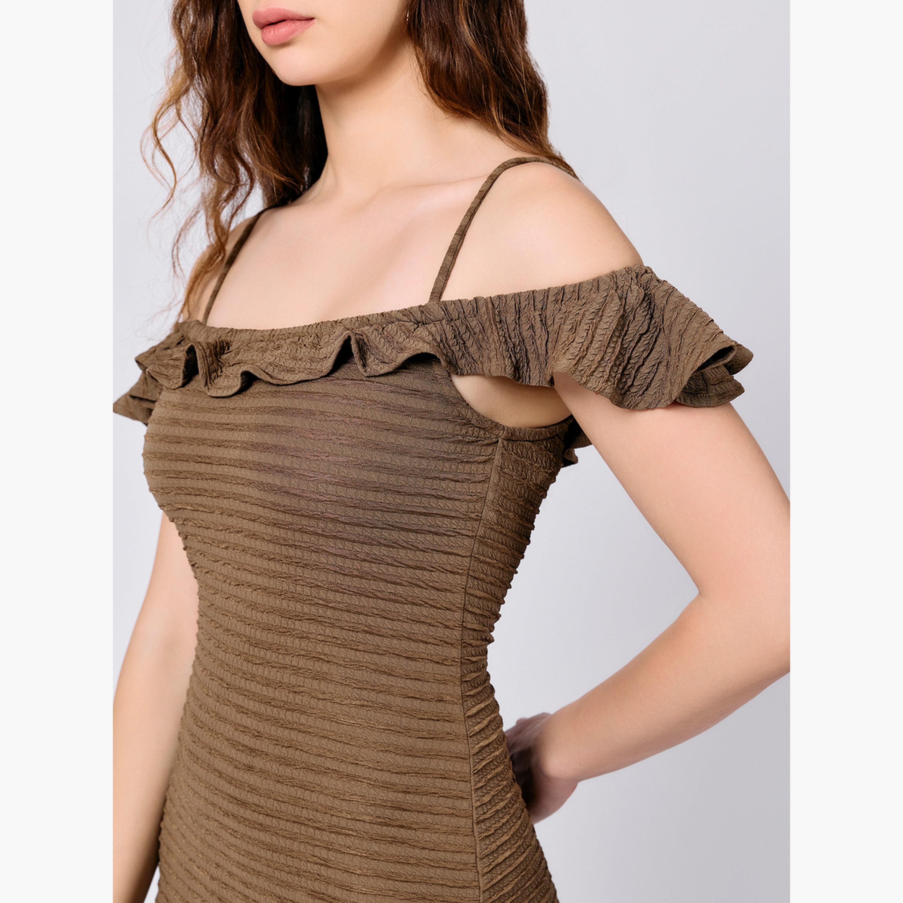 Outzidr X Styli Olive Midi Textured Dress with Ruffle Detail-women-clothing-dresses-image-4