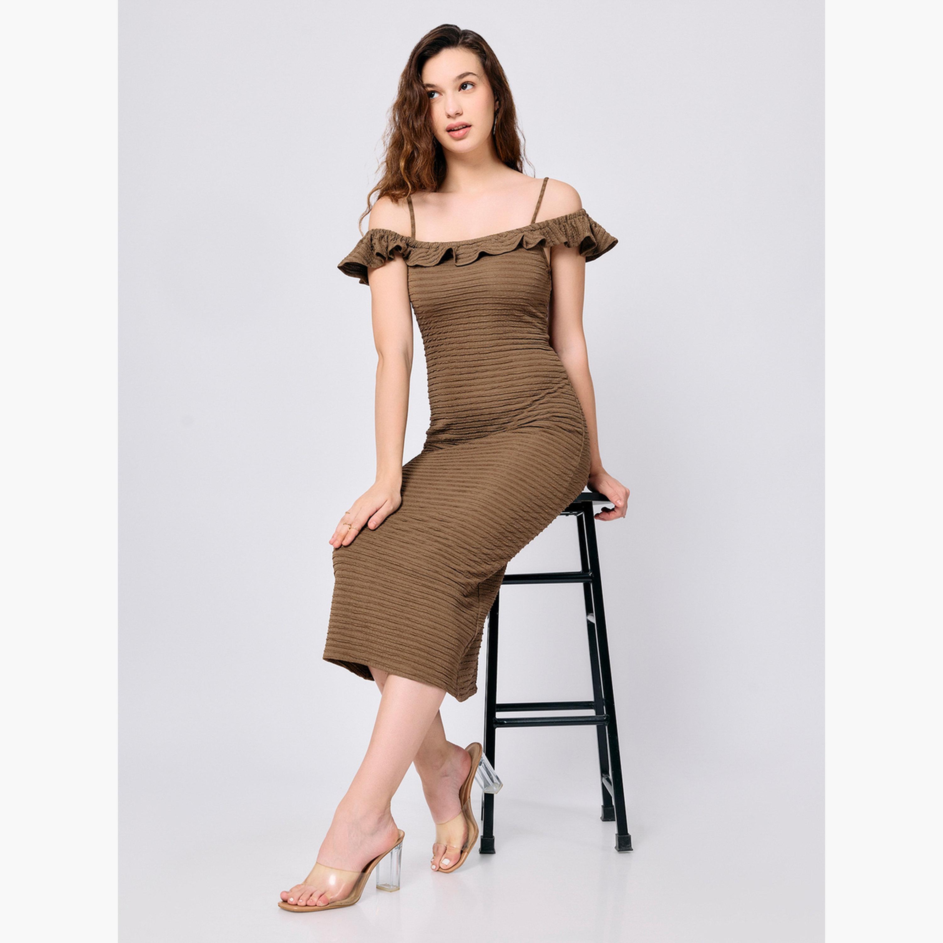 Outzidr X Styli Olive Midi Textured Dress with Ruffle Detail-women-clothing-dresses-image-5
