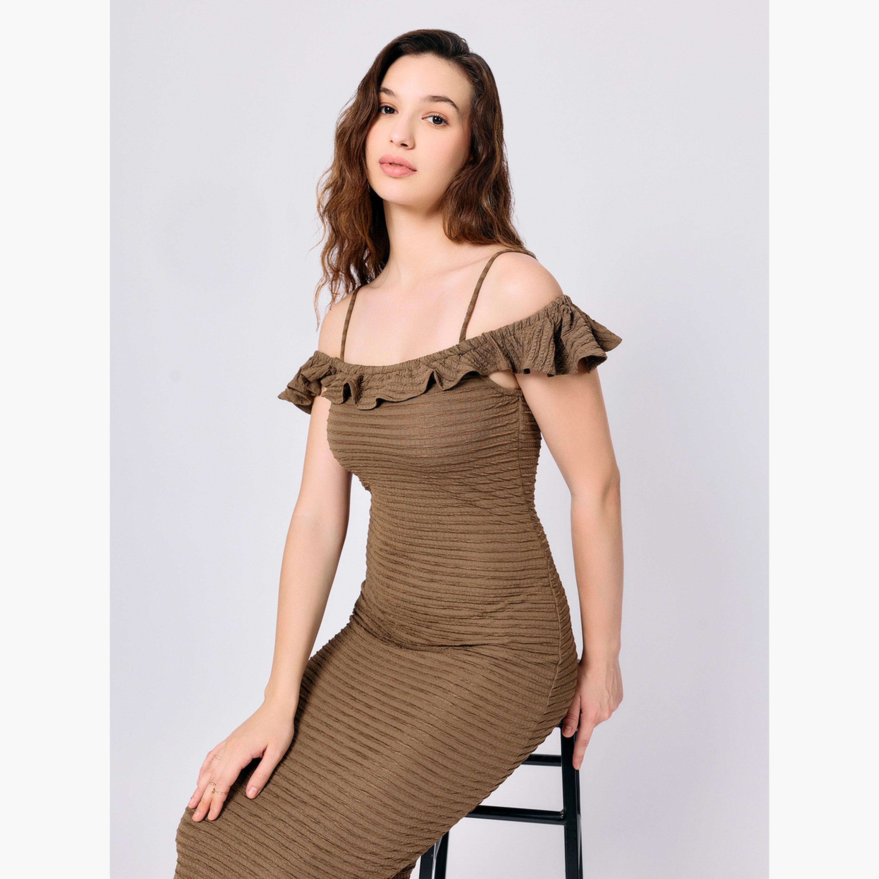Outzidr X Styli Olive Midi Textured Dress with Ruffle Detail-women-clothing-dresses-image-6
