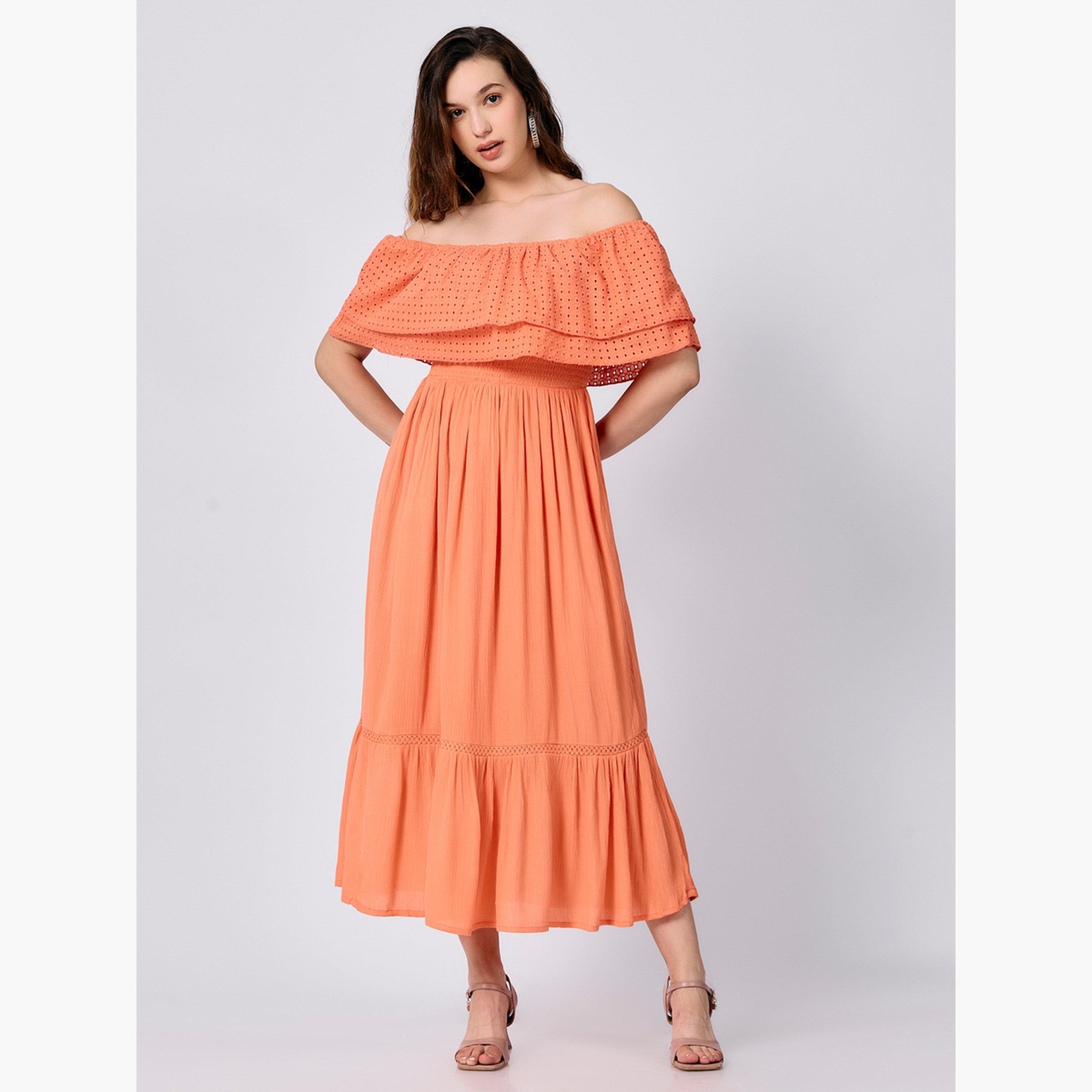 أوتزيدر × ستايلي - فستان متوسط الطول متعدد الطبقات باللون الخوخي مكشوف الكتفين-women-clothing-dresses-image-1