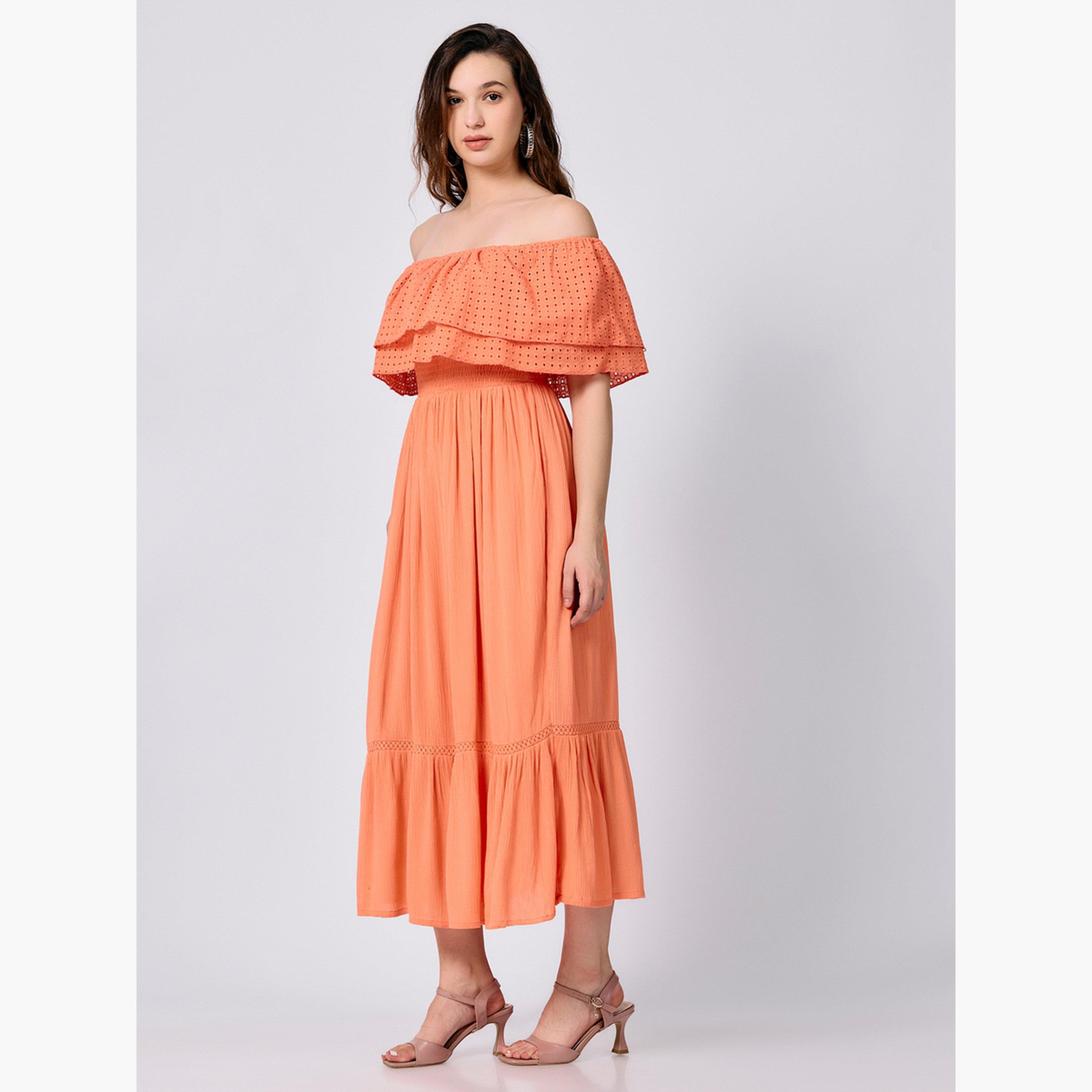 أوتزيدر × ستايلي - فستان متوسط الطول متعدد الطبقات باللون الخوخي مكشوف الكتفين-women-clothing-dresses-image-2