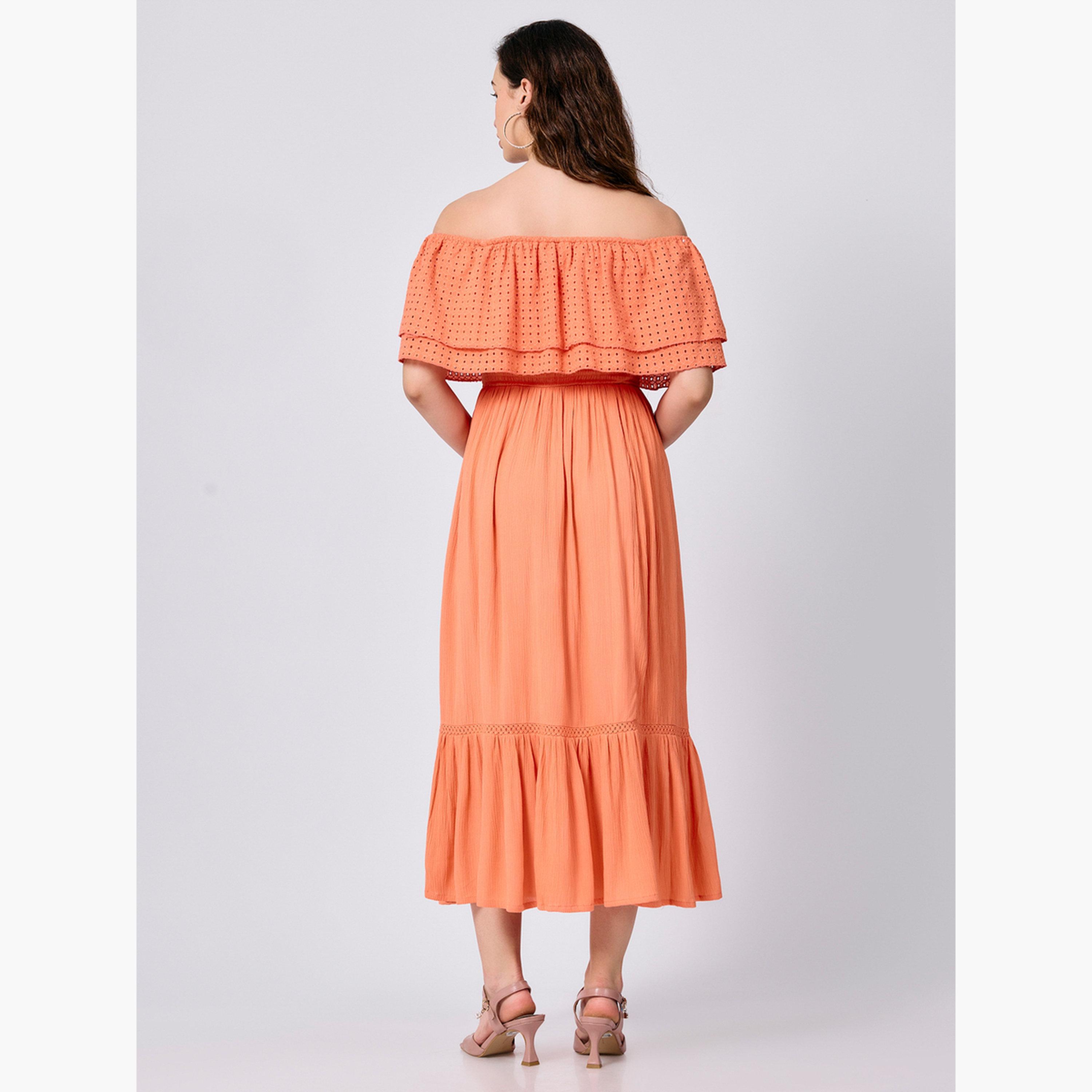 Outzidr X Styli Peach Off Shoulder Tiered Midi Dress-women-clothing-dresses-image-3