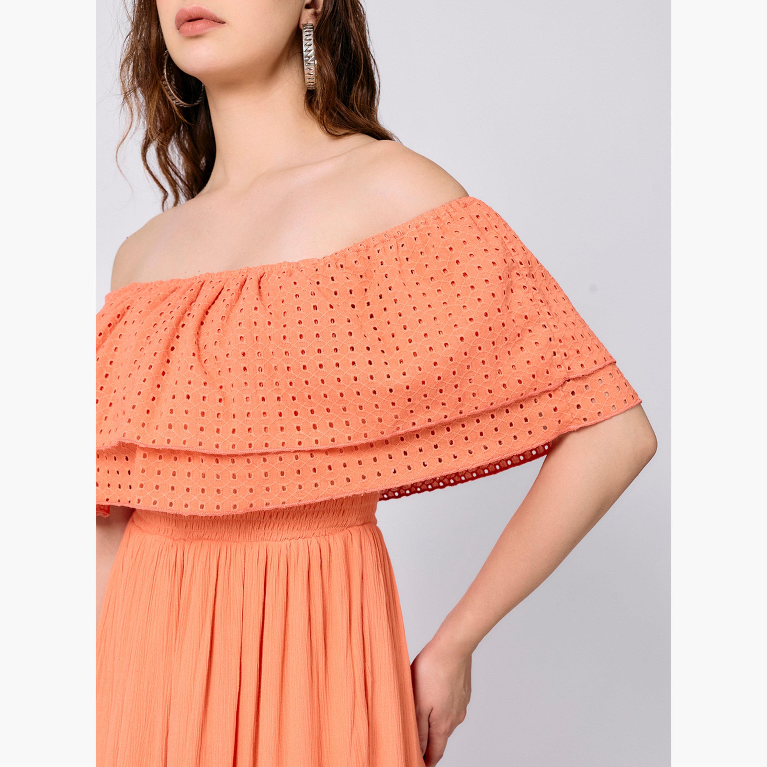 Outzidr X Styli Peach Off Shoulder Tiered Midi Dress-women-clothing-dresses-image-4