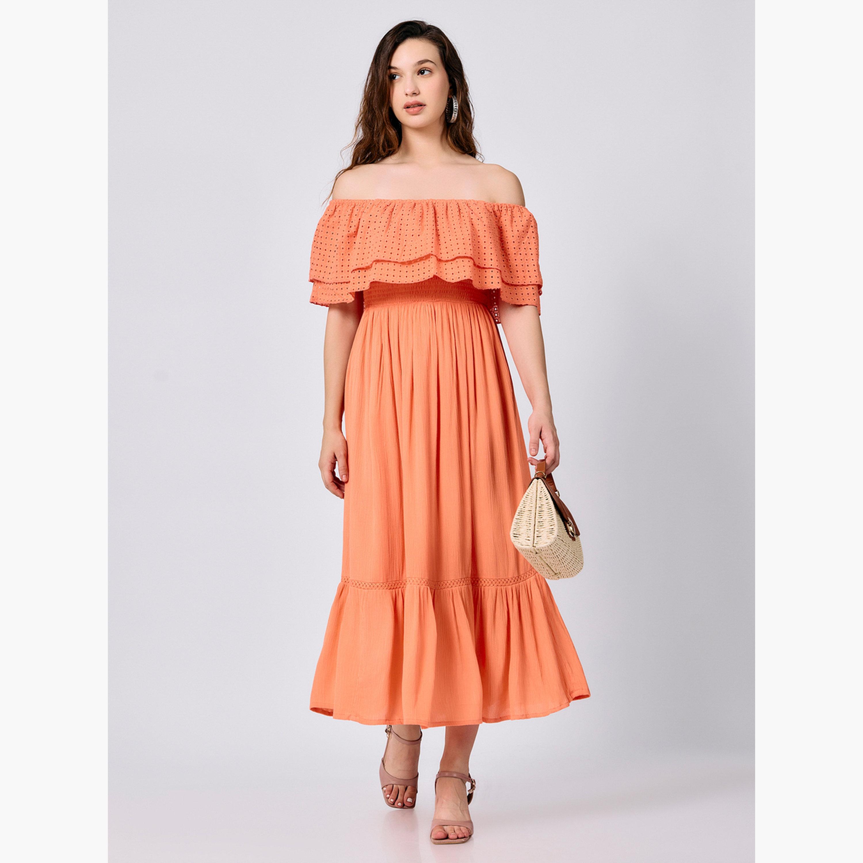 Outzidr X Styli Peach Off Shoulder Tiered Midi Dress-women-clothing-dresses-image-6