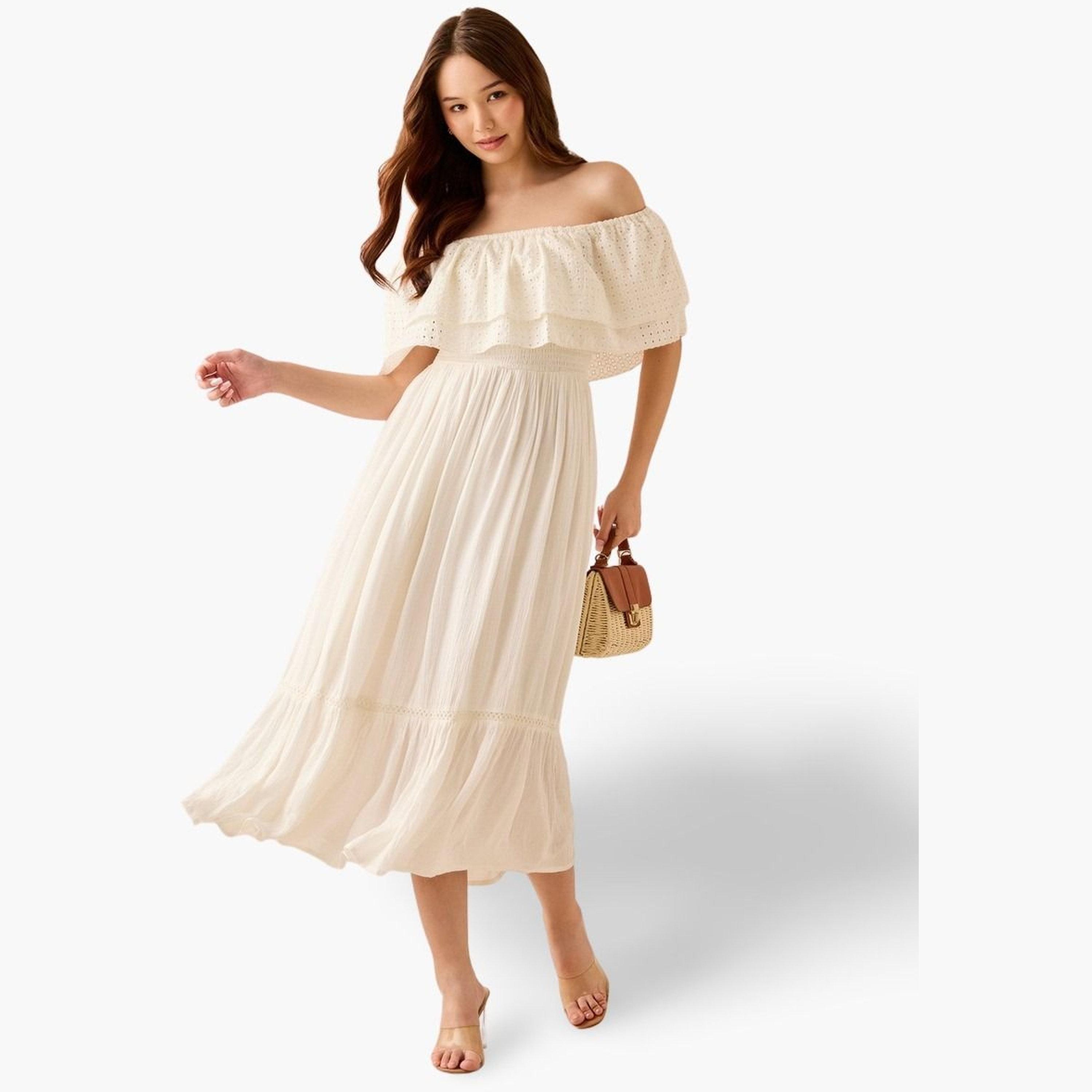أوتزيدر × ستايلي - فستان أبيض متوسط ​​الطول مكشوف الكتفين-women-clothing-dresses-image-1