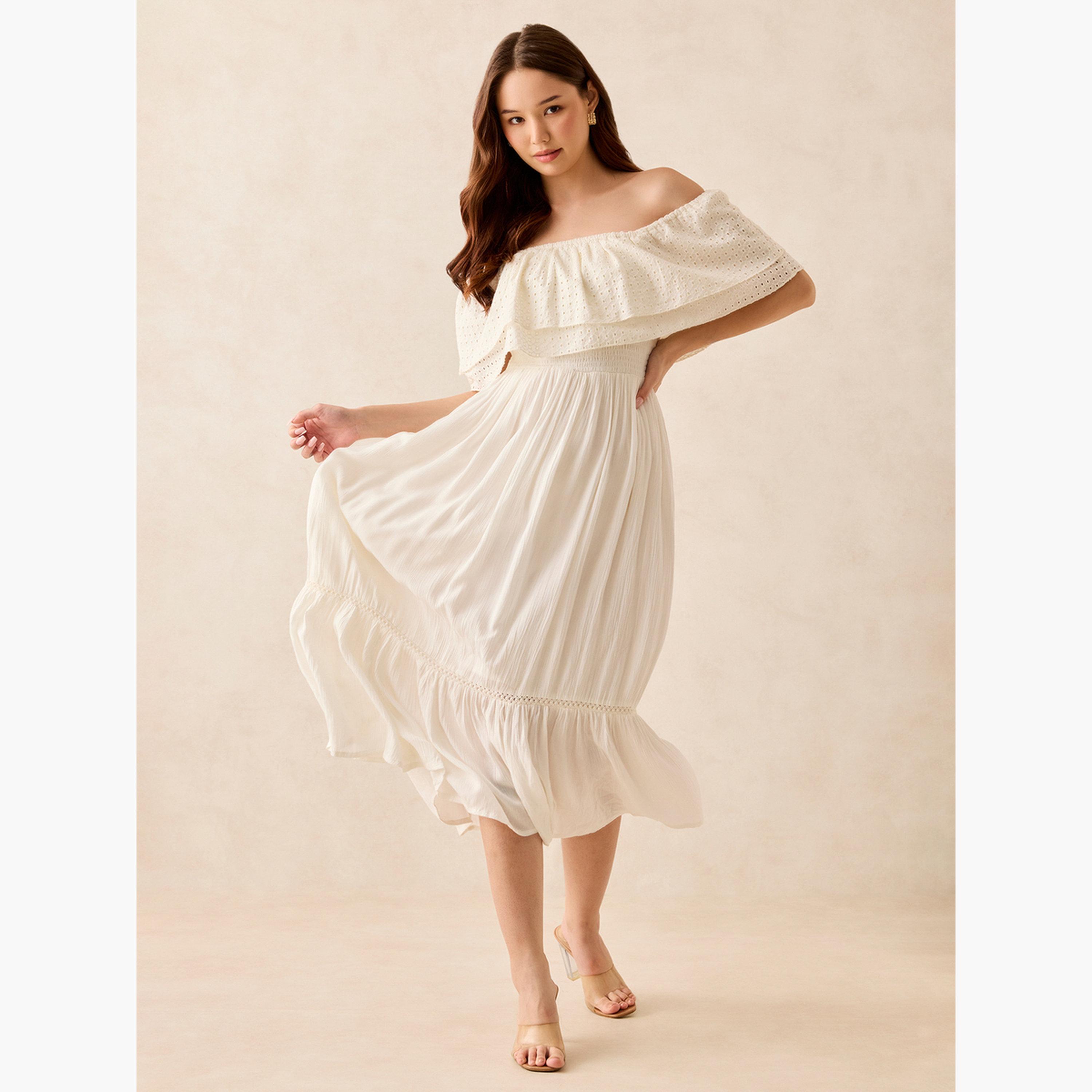 أوتزيدر × ستايلي - فستان أبيض متوسط ​​الطول مكشوف الكتفين-women-clothing-dresses-image-2