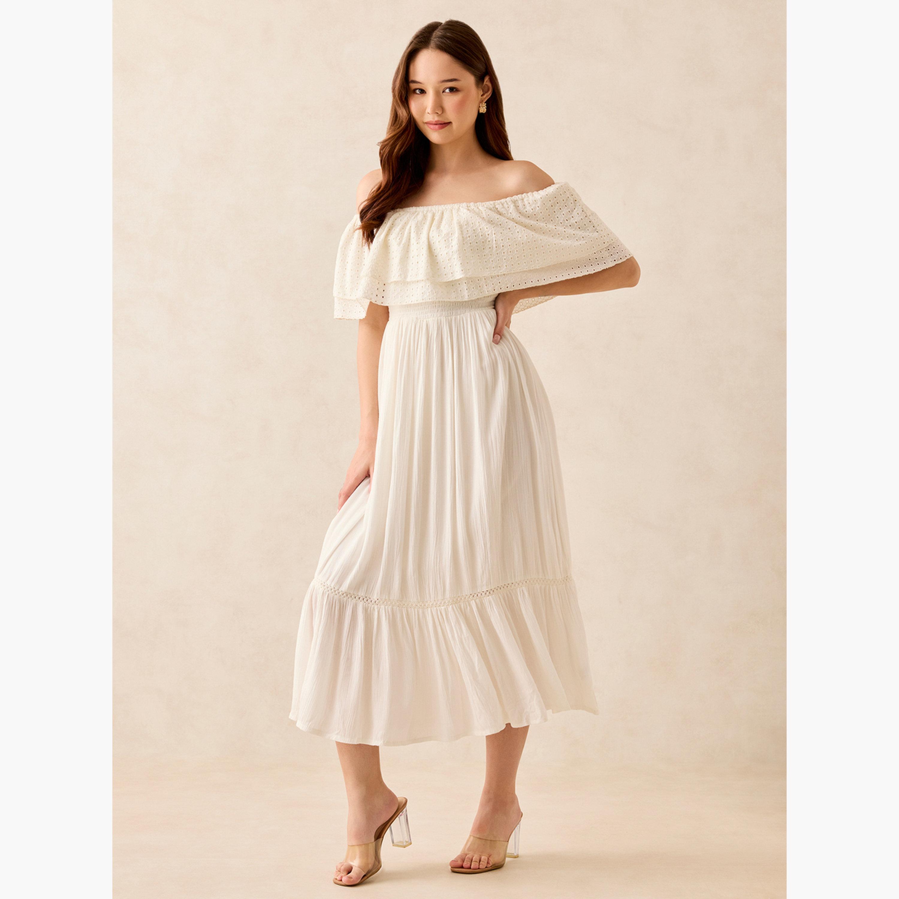 أوتزيدر × ستايلي - فستان أبيض متوسط ​​الطول مكشوف الكتفين-women-clothing-dresses-image-3