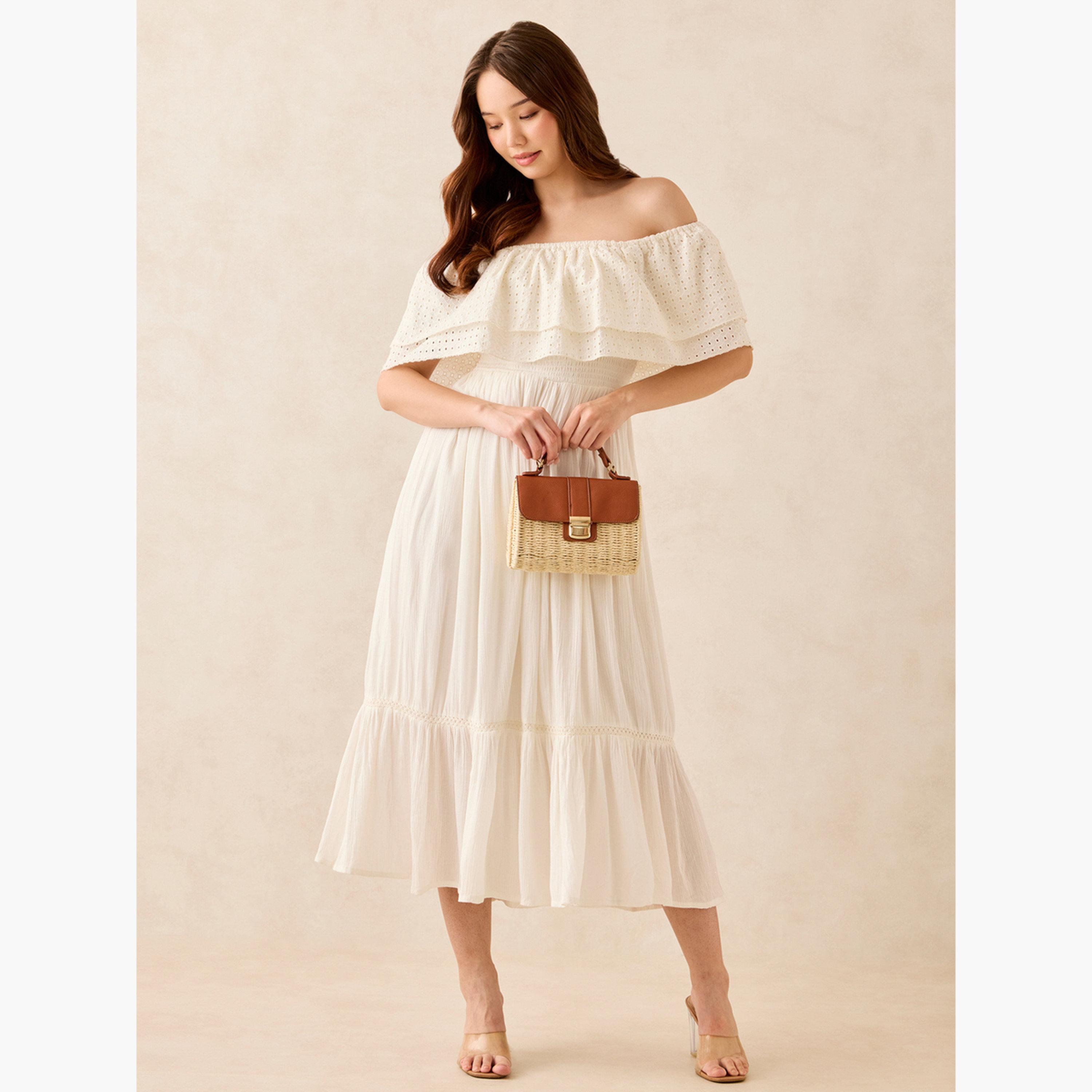 أوتزيدر × ستايلي - فستان أبيض متوسط ​​الطول مكشوف الكتفين-women-clothing-dresses-image-6