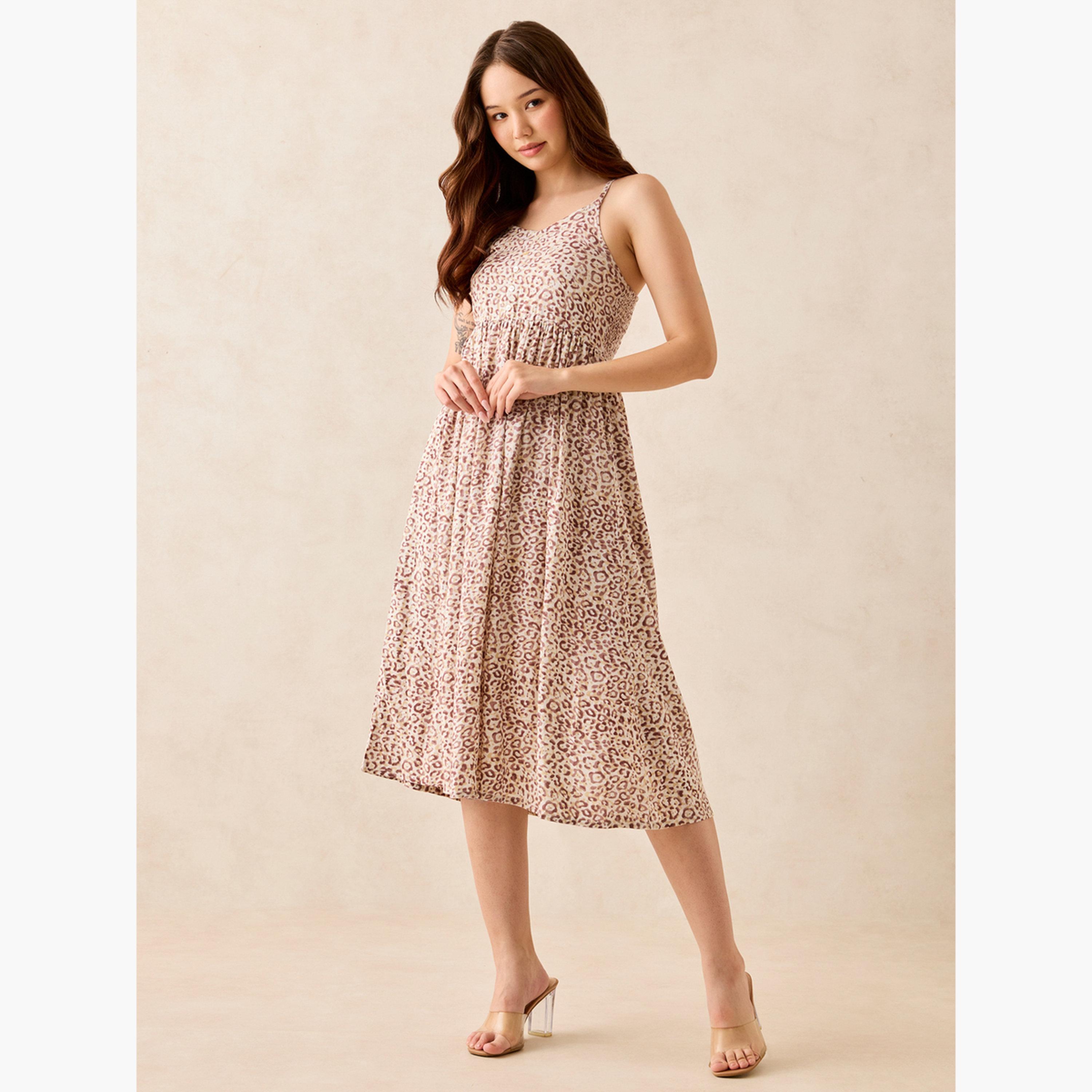 أوتزيدر × ستايلي - فستان بني متوسط ​​الطول بطبعة حيوانية وحمالات-women-clothing-dresses-image-2