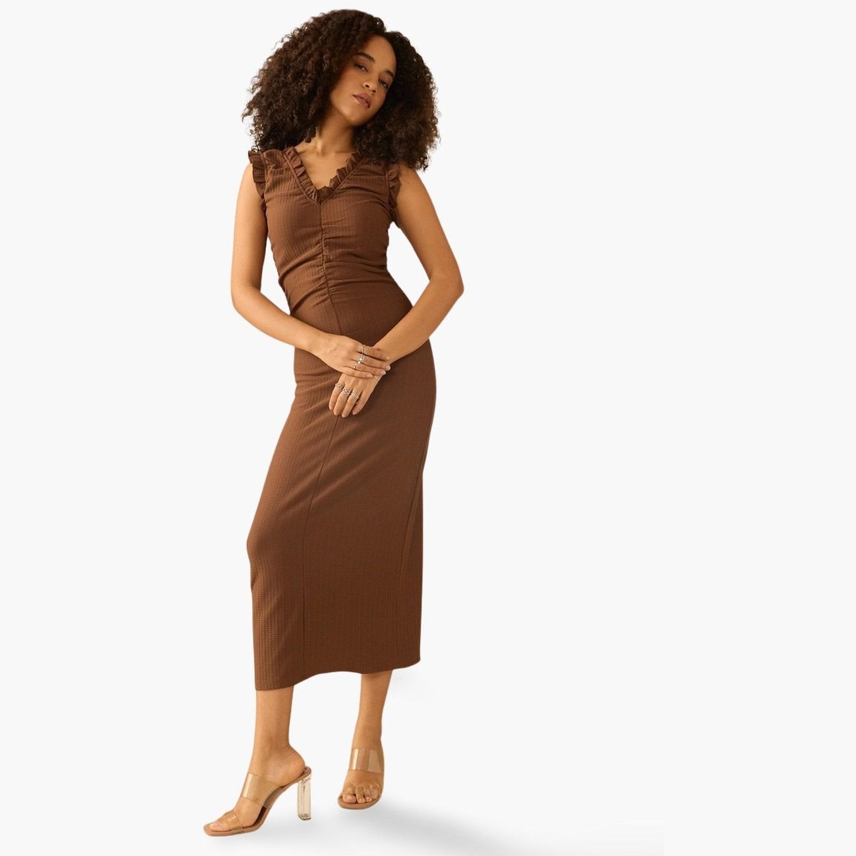 أوتزيدر × ستايلي - فستان متوسط الطول بتفاصيل كشكش بني-women-clothing-dresses-image-1