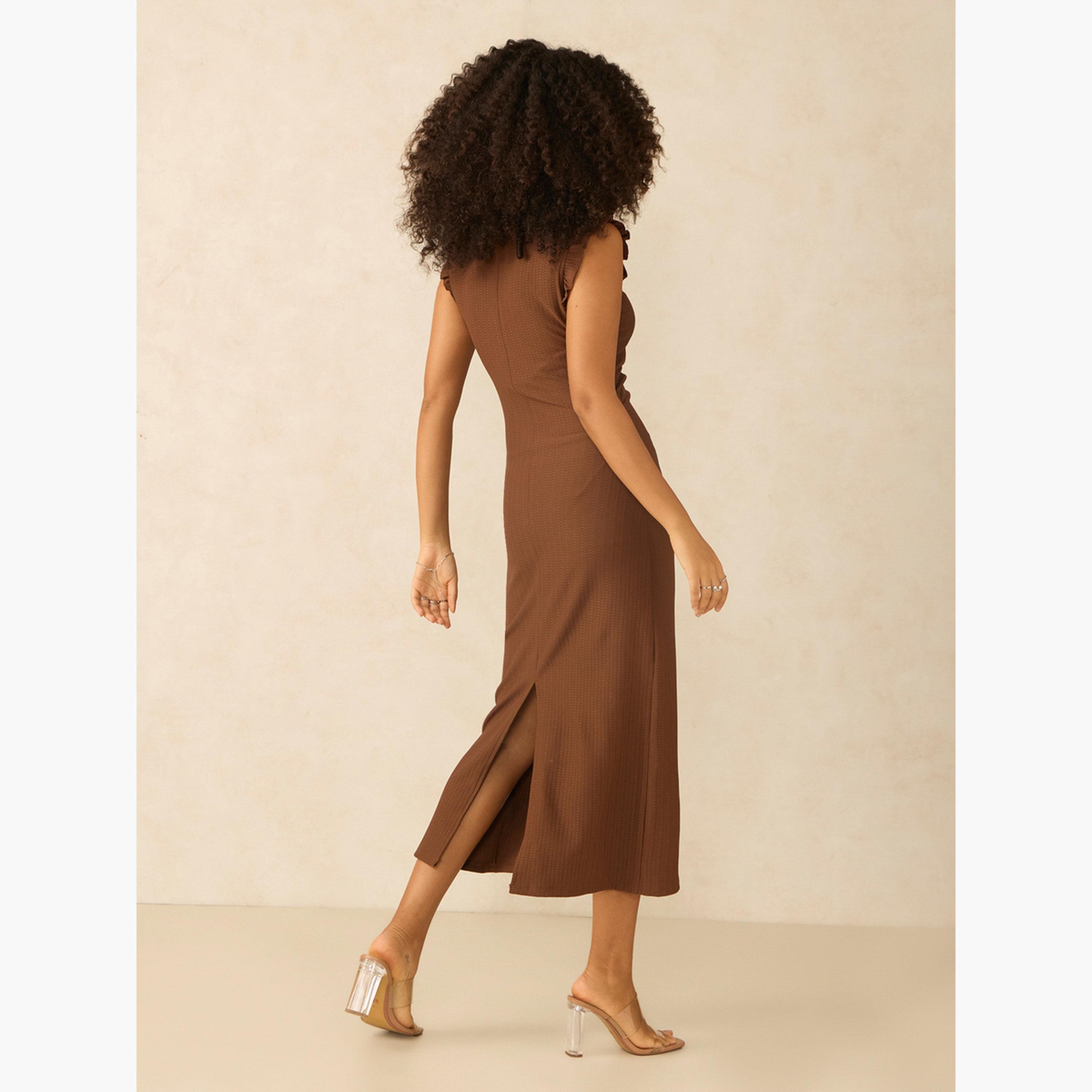 Outzidr X Styli Brown Ruching Detail Midi Dress-women-clothing-dresses-image-3