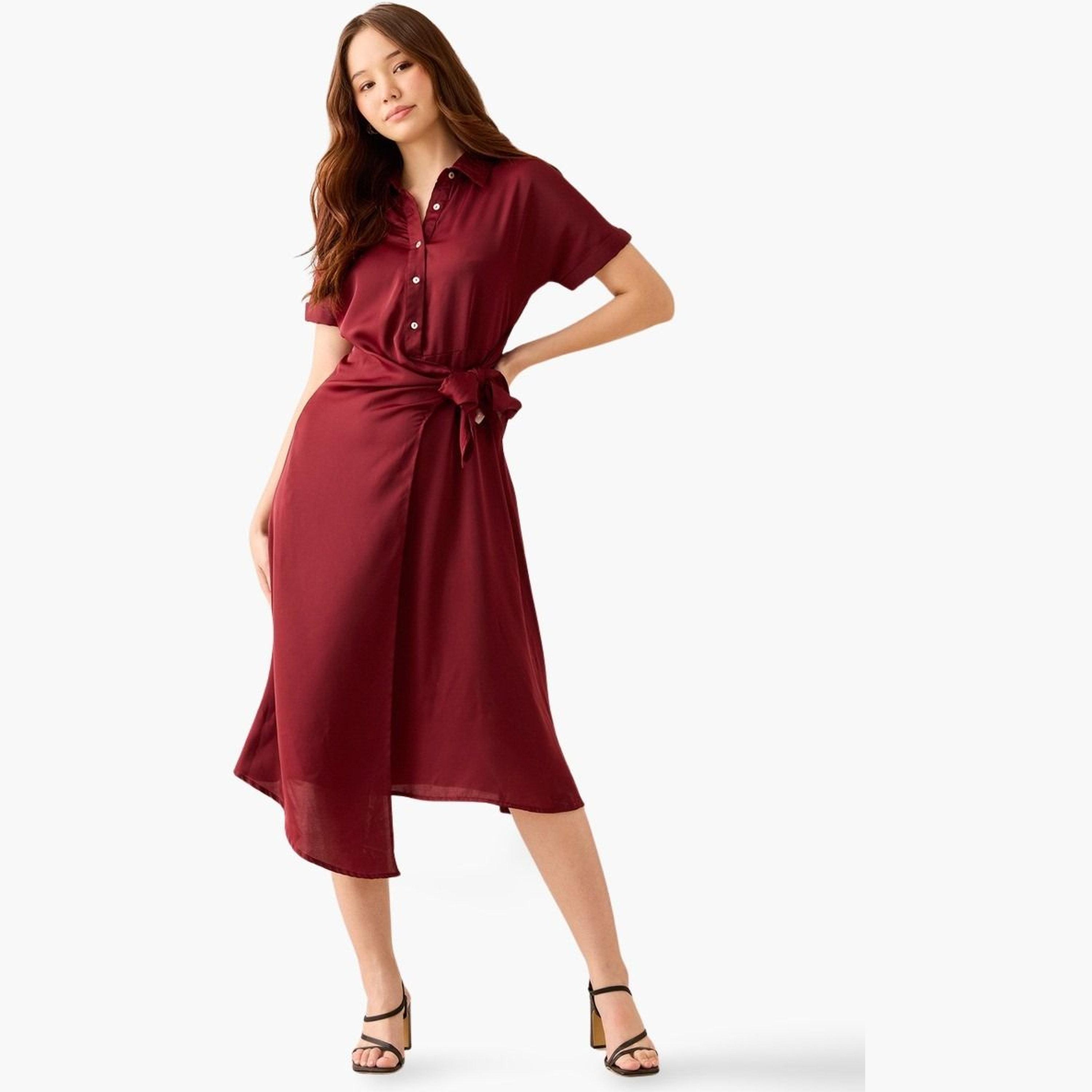 أوتزيدر × ستايلي - فستان متوسط ​​الطول بنمط قميص أمامي ملفوف باللون البرغندي-women-clothing-dresses-image-1