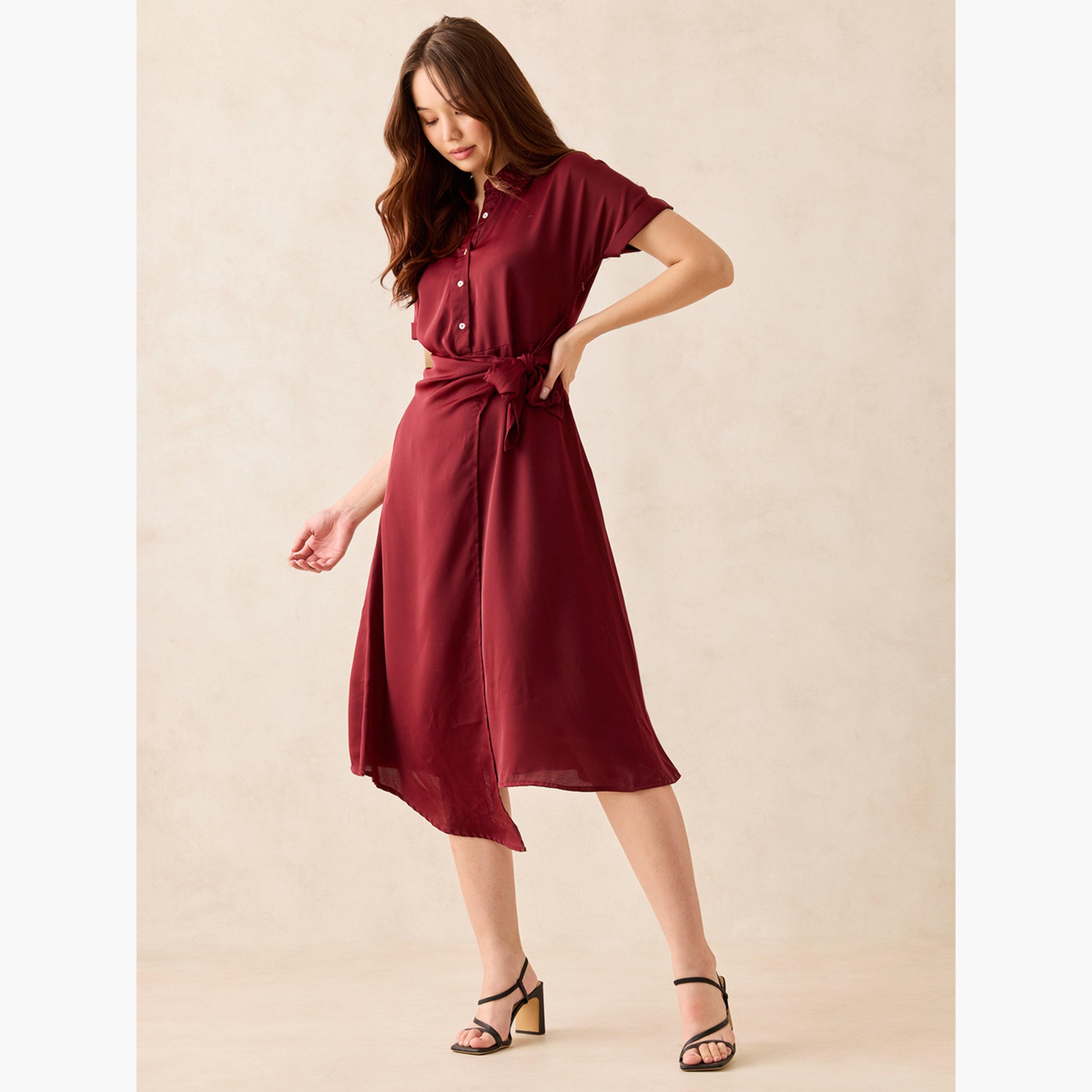 أوتزيدر × ستايلي - فستان متوسط ​​الطول بنمط قميص أمامي ملفوف باللون البرغندي-women-clothing-dresses-image-2