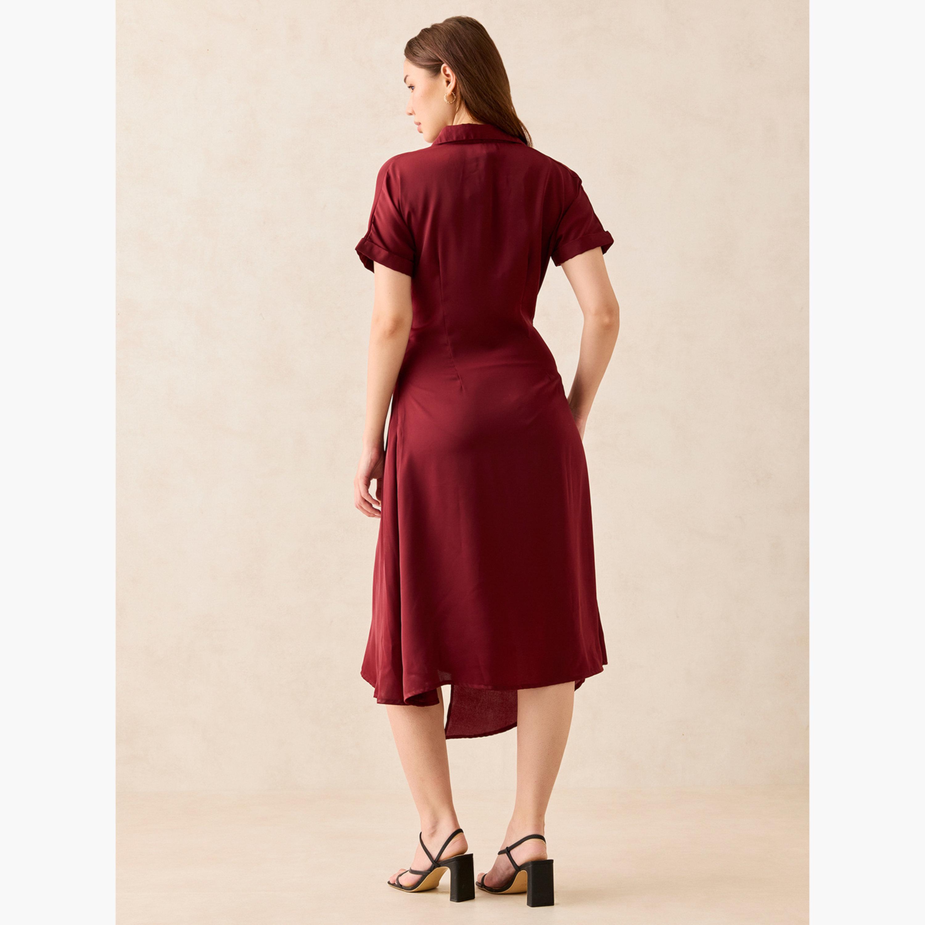 أوتزيدر × ستايلي - فستان متوسط ​​الطول بنمط قميص أمامي ملفوف باللون البرغندي-women-clothing-dresses-image-3
