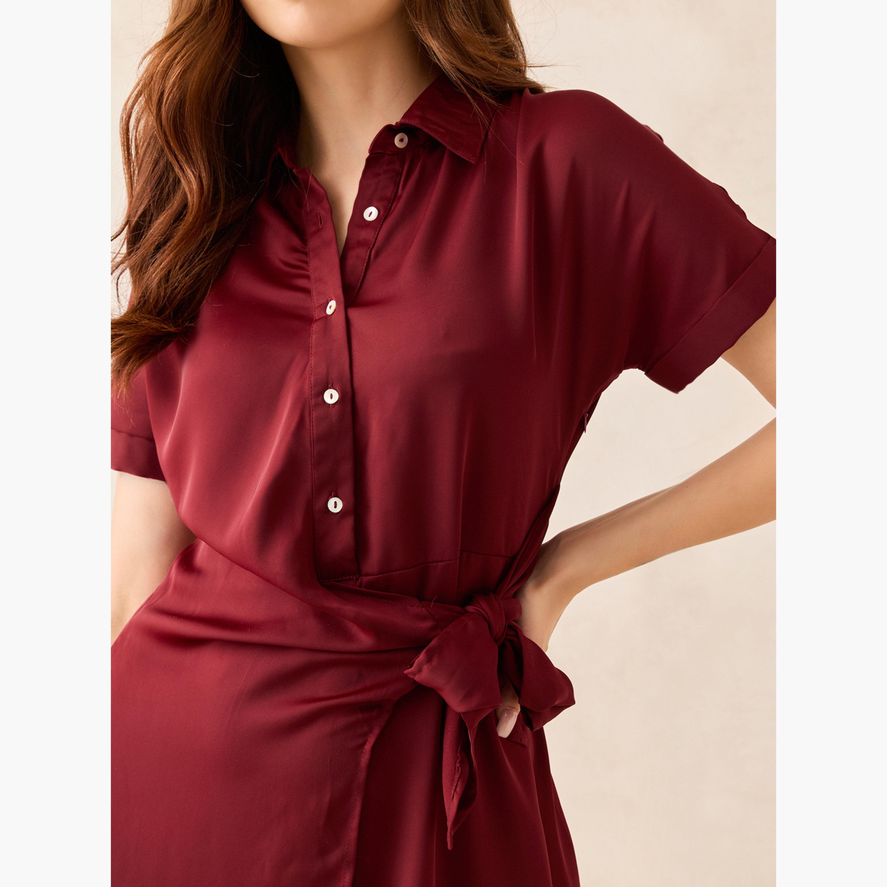 Outzidr X Styli Maroon Wrap Front Shirt Midi Dress-women-clothing-dresses-image-4