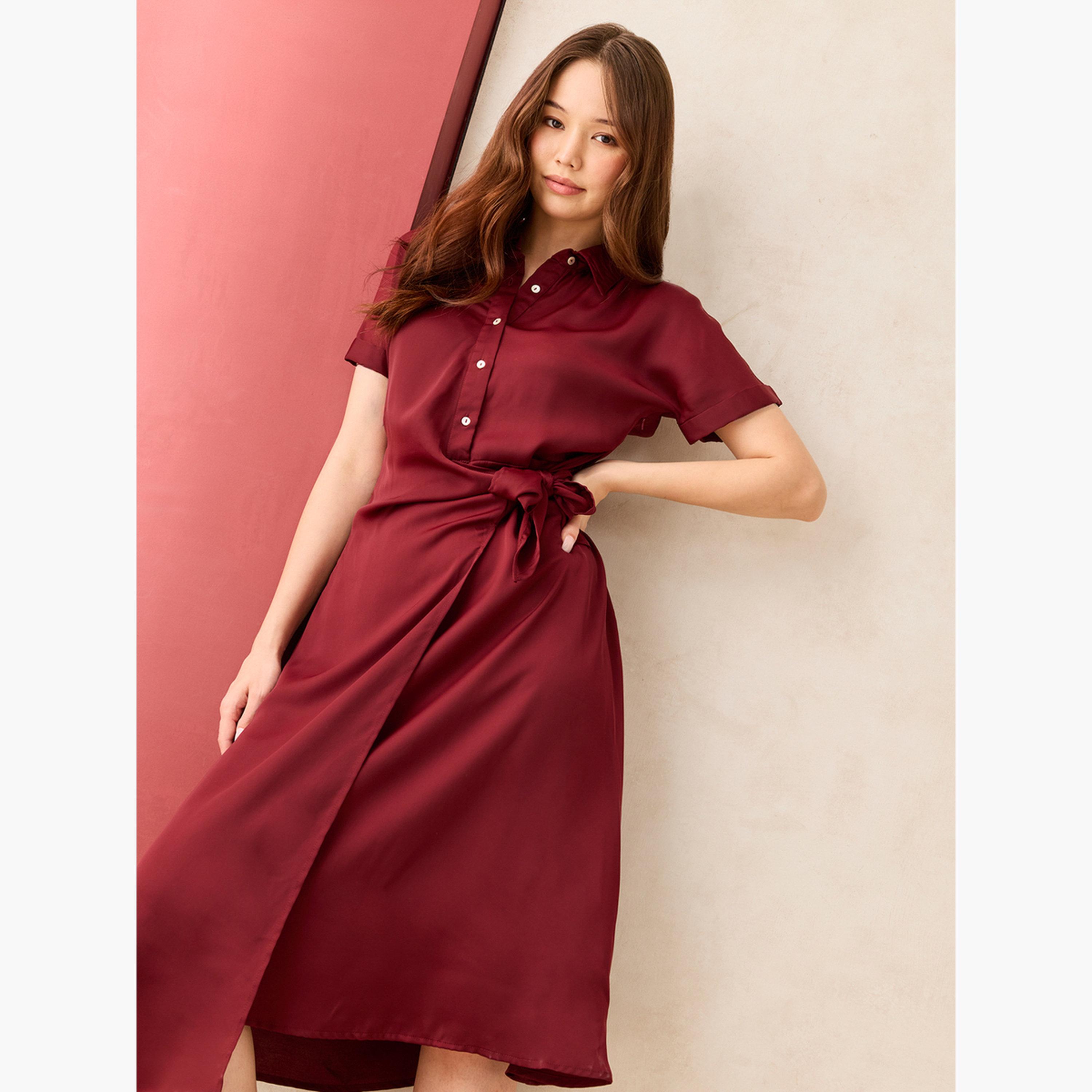 أوتزيدر × ستايلي - فستان متوسط ​​الطول بنمط قميص أمامي ملفوف باللون البرغندي-women-clothing-dresses-image-5